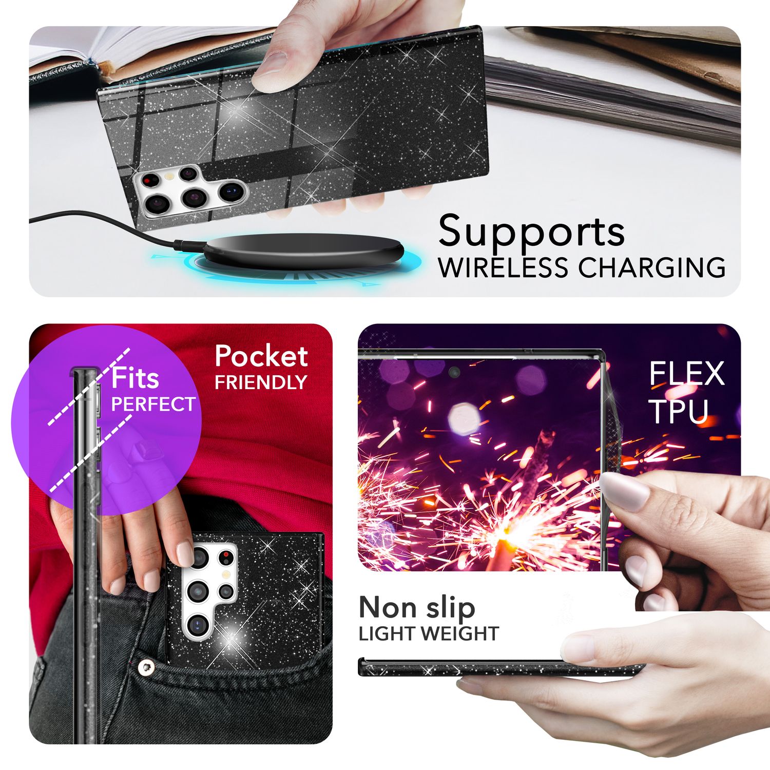 NALIA Hybrid Glitzerhülle für Samsung Galaxy S24 Ultra Hülle, Glänzende Glitzer Schutzhülle mit verstärktem Silikon Schwarz NALIA Protective Hülle