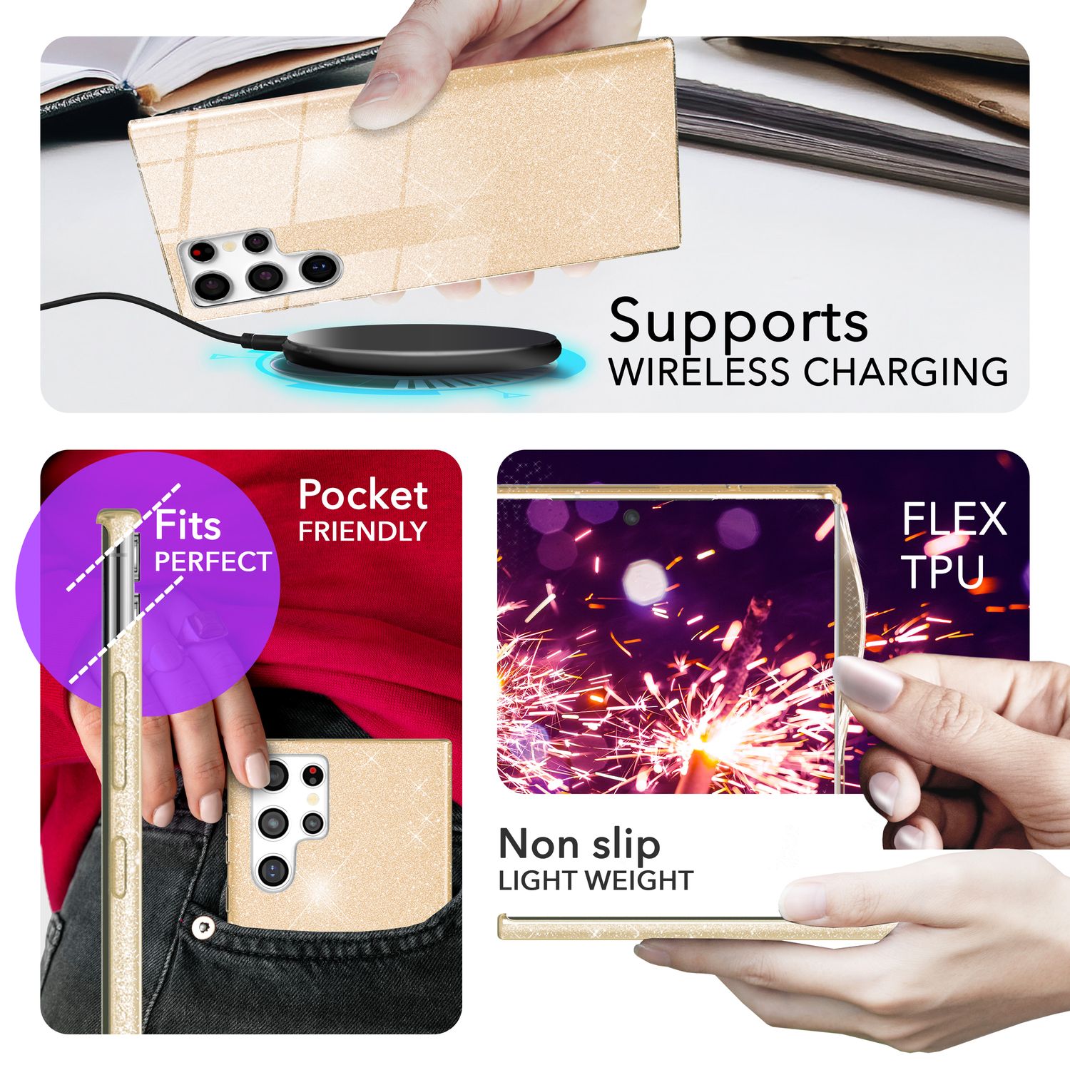 NALIA Hybrid Glitzerhülle für Samsung Galaxy S24 Ultra Hülle, Glänzende Glitzer Schutzhülle mit verstärktem Silikon Gold NALIA Protective Hülle