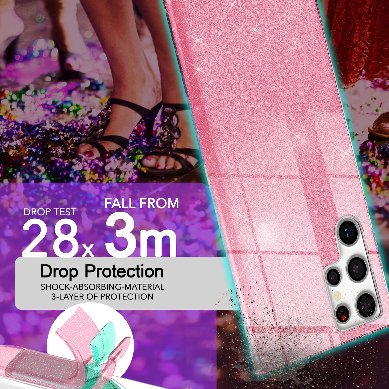 NALIA Hybrid Glitzerhülle für Samsung Galaxy S24 Ultra Hülle, Glänzende Glitzer Schutzhülle mit verstärktem Silikon Pink NALIA Protective Hülle