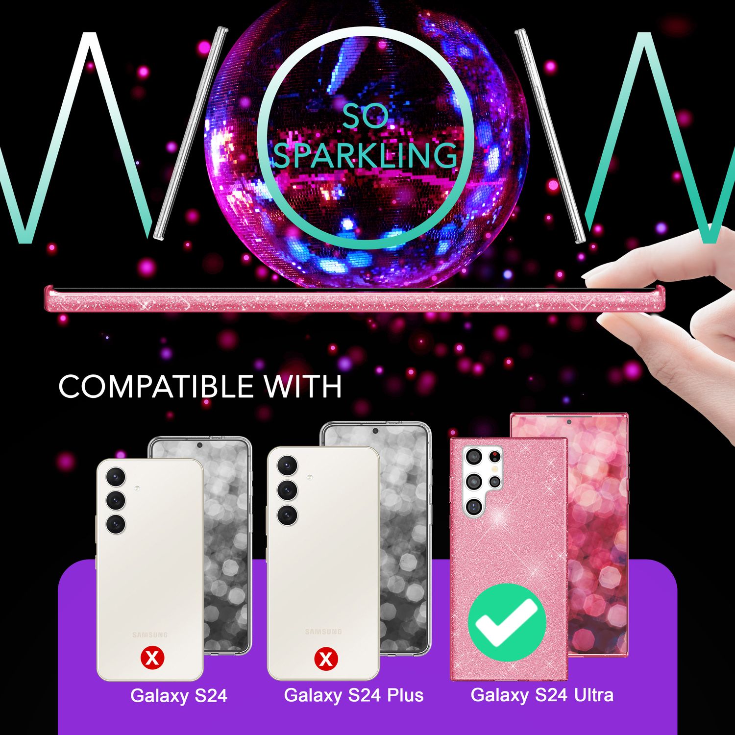 NALIA Hybrid Glitzerhülle für Samsung Galaxy S24 Ultra Hülle, Glänzende Glitzer Schutzhülle mit verstärktem Silikon Pink NALIA Protective Hülle