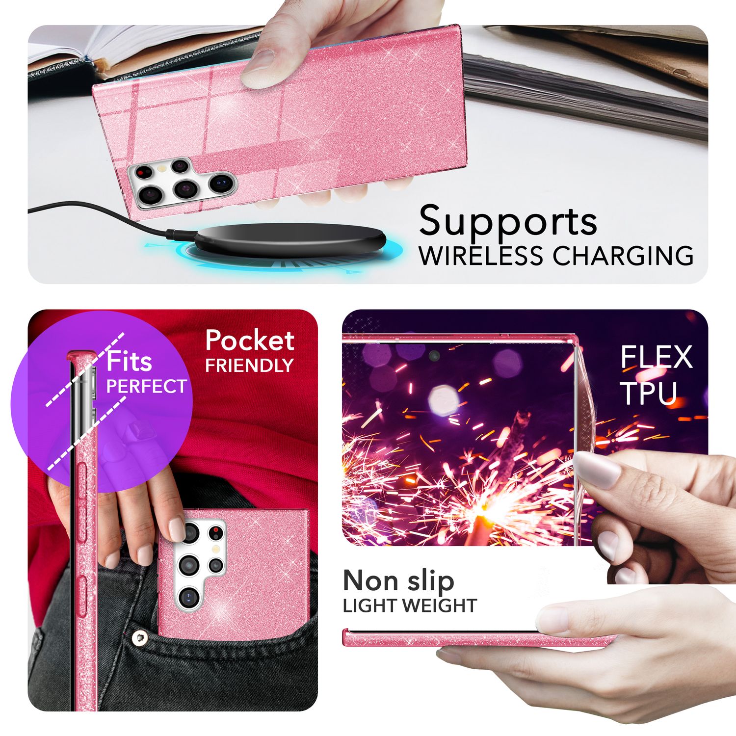 NALIA Hybrid Glitzerhülle für Samsung Galaxy S24 Ultra Hülle, Glänzende Glitzer Schutzhülle mit verstärktem Silikon Pink NALIA Protective Hülle