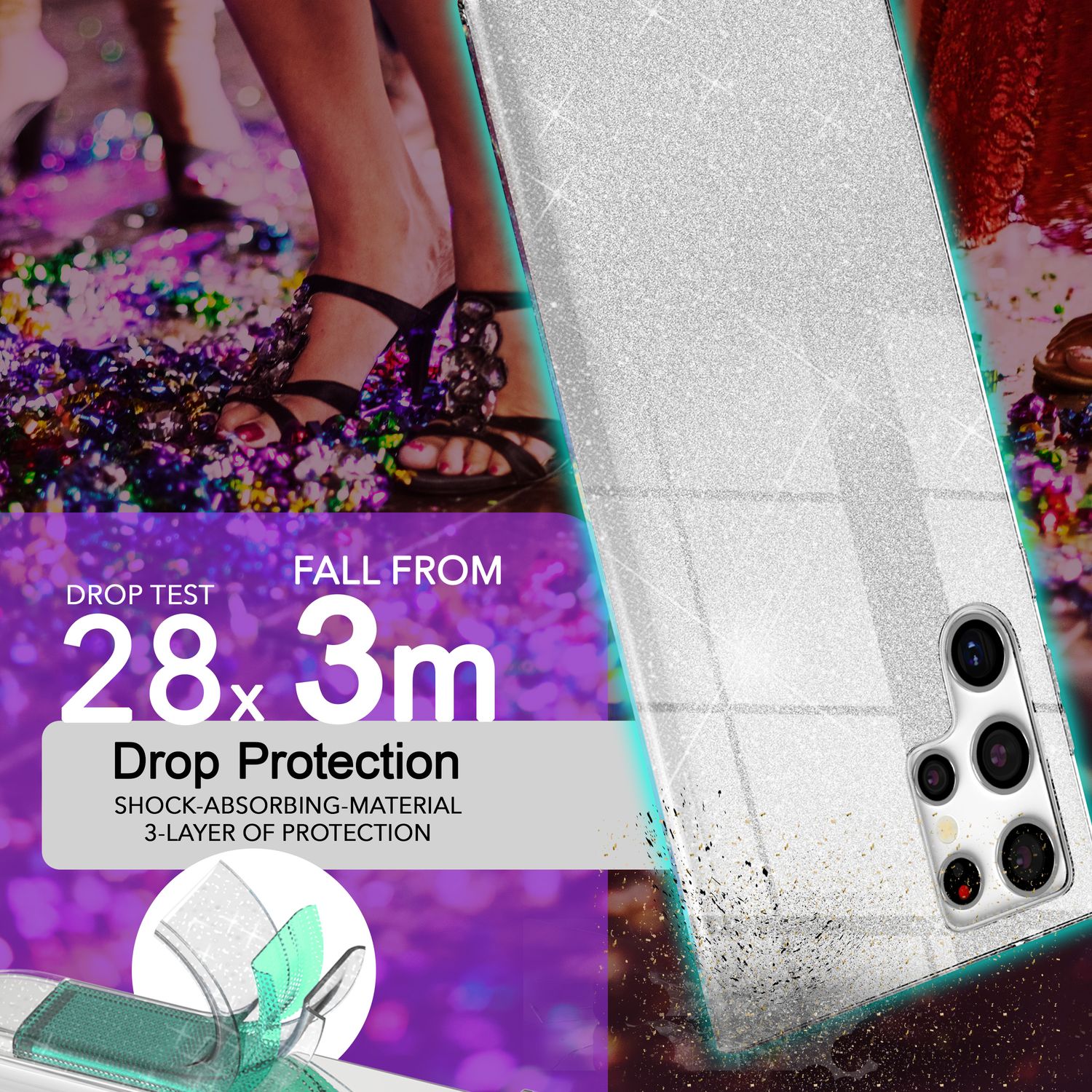 NALIA Hybrid Glitzerhülle für Samsung Galaxy S24 Ultra Hülle, Glänzende Glitzer Schutzhülle mit verstärktem Silikon Silber NALIA Protective Hülle