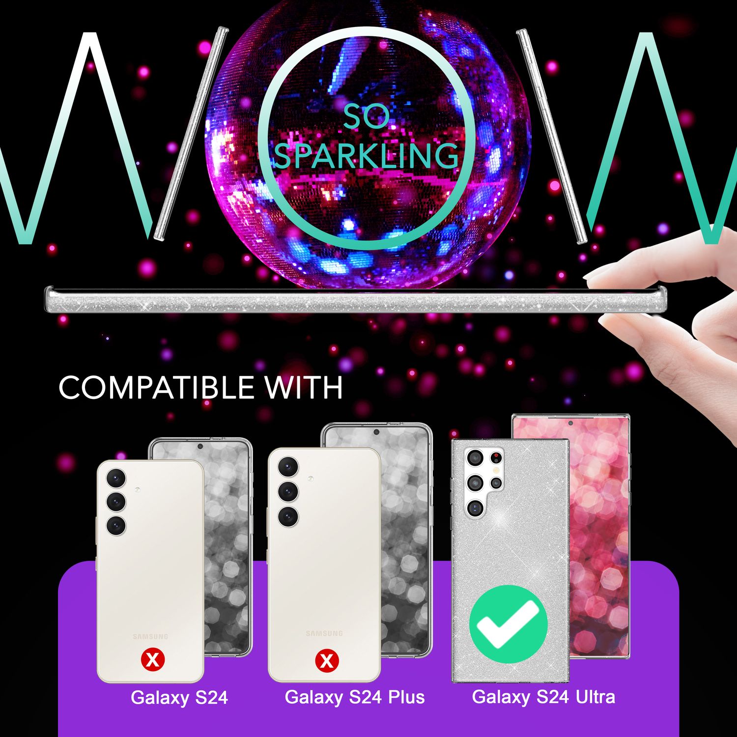 NALIA Hybrid Glitzerhülle für Samsung Galaxy S24 Ultra Hülle, Glänzende Glitzer Schutzhülle mit verstärktem Silikon Silber NALIA Protective Hülle