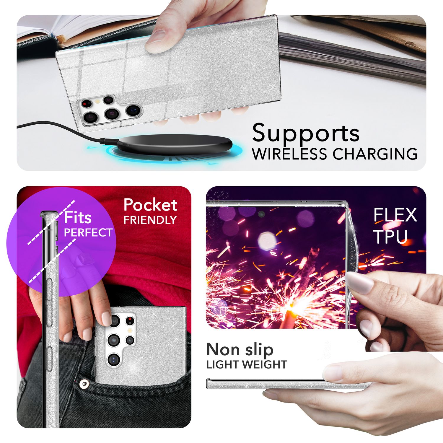 NALIA Hybrid Glitzerhülle für Samsung Galaxy S24 Ultra Hülle, Glänzende Glitzer Schutzhülle mit verstärktem Silikon Silber NALIA Protective Hülle