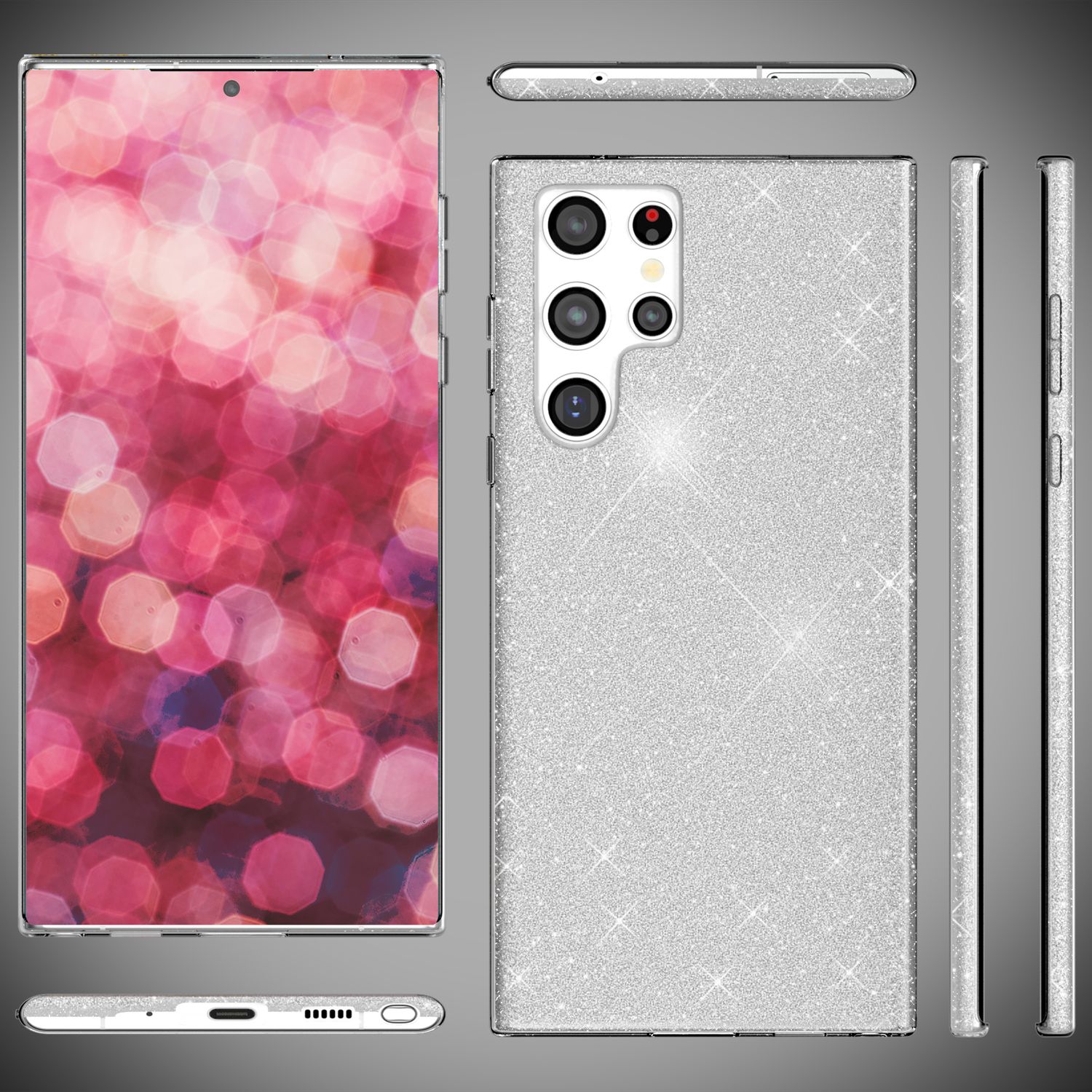 NALIA Hybrid Glitzerhülle für Samsung Galaxy S24 Ultra Hülle, Glänzende Glitzer Schutzhülle mit verstärktem Silikon Silber NALIA Protective Hülle