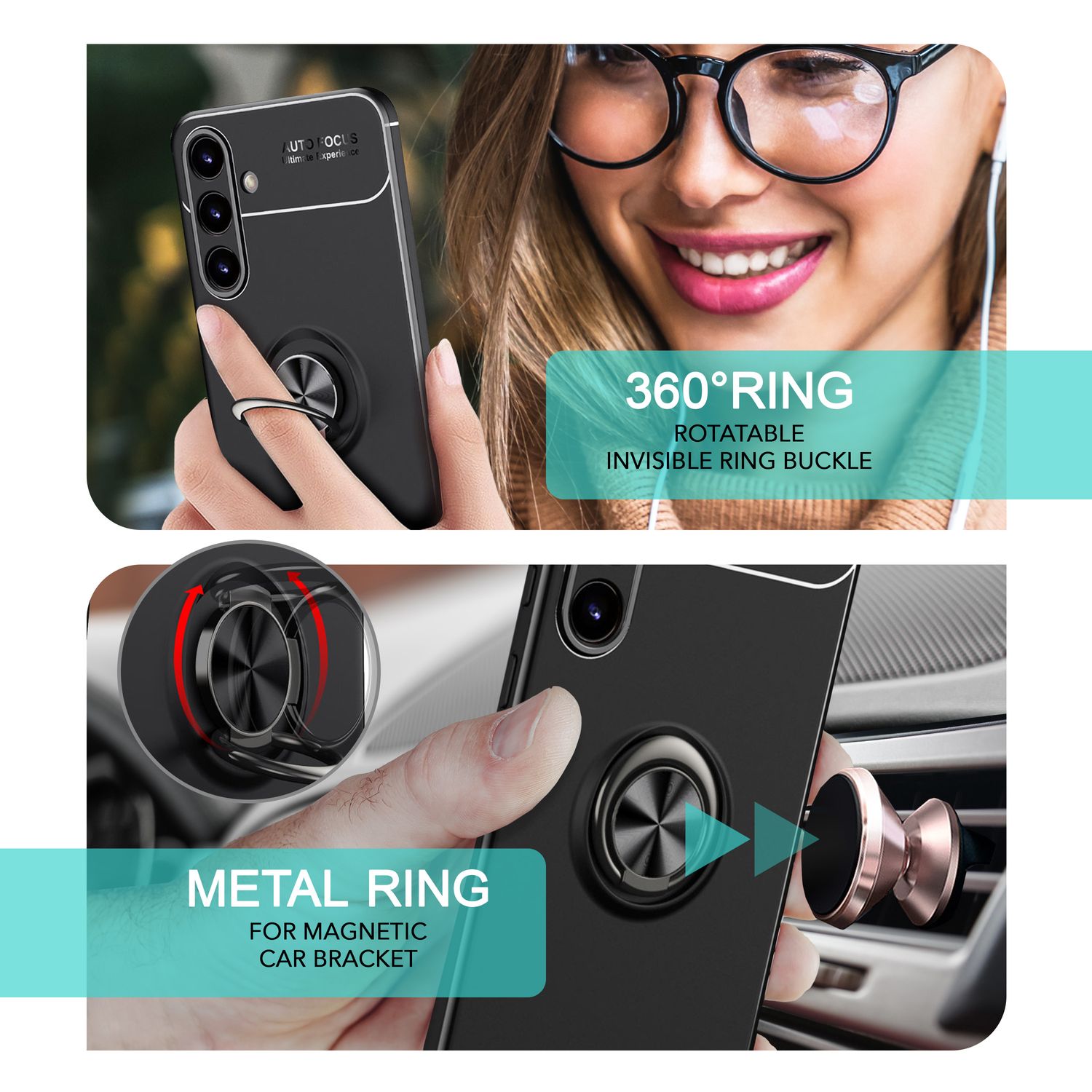 NALIA Matt-Schwarze Ringhülle für Samsung Galaxy S24 Hülle, Rutschfeste Silikon Schutzhülle mit 360-Grad drehbarem Ring Schwarz NALIA Protective Hülle