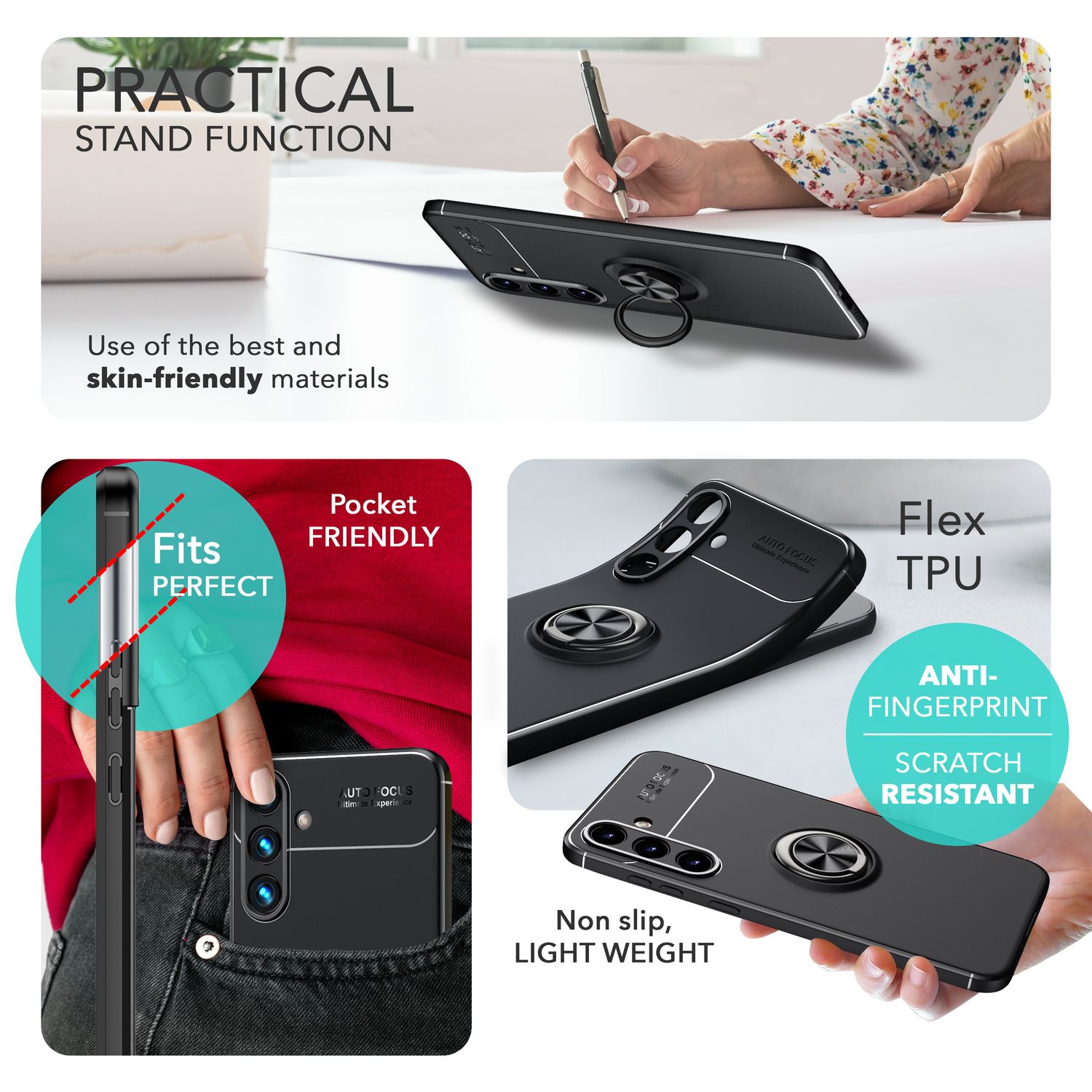 NALIA Matt-Schwarze Ringhülle für Samsung Galaxy S24 Hülle, Rutschfeste Silikon Schutzhülle mit 360-Grad drehbarem Ring Schwarz NALIA Protective Hülle