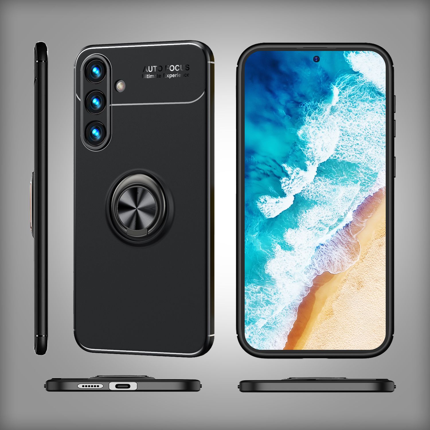 NALIA Matt-Schwarze Ringhülle für Samsung Galaxy S24 Hülle, Rutschfeste Silikon Schutzhülle mit 360-Grad drehbarem Ring Schwarz NALIA Protective Hülle