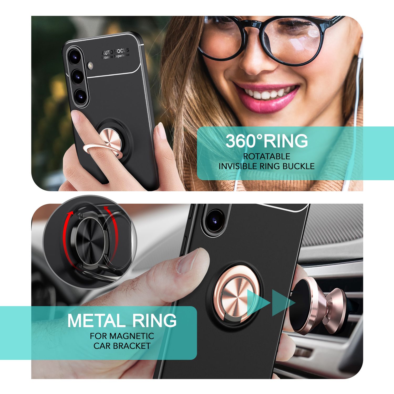 NALIA Matt-Schwarze Ringhülle für Samsung Galaxy S24 Hülle, Rutschfeste Silikon Schutzhülle mit 360-Grad drehbarem Ring Rose Gold NALIA Protective Hülle