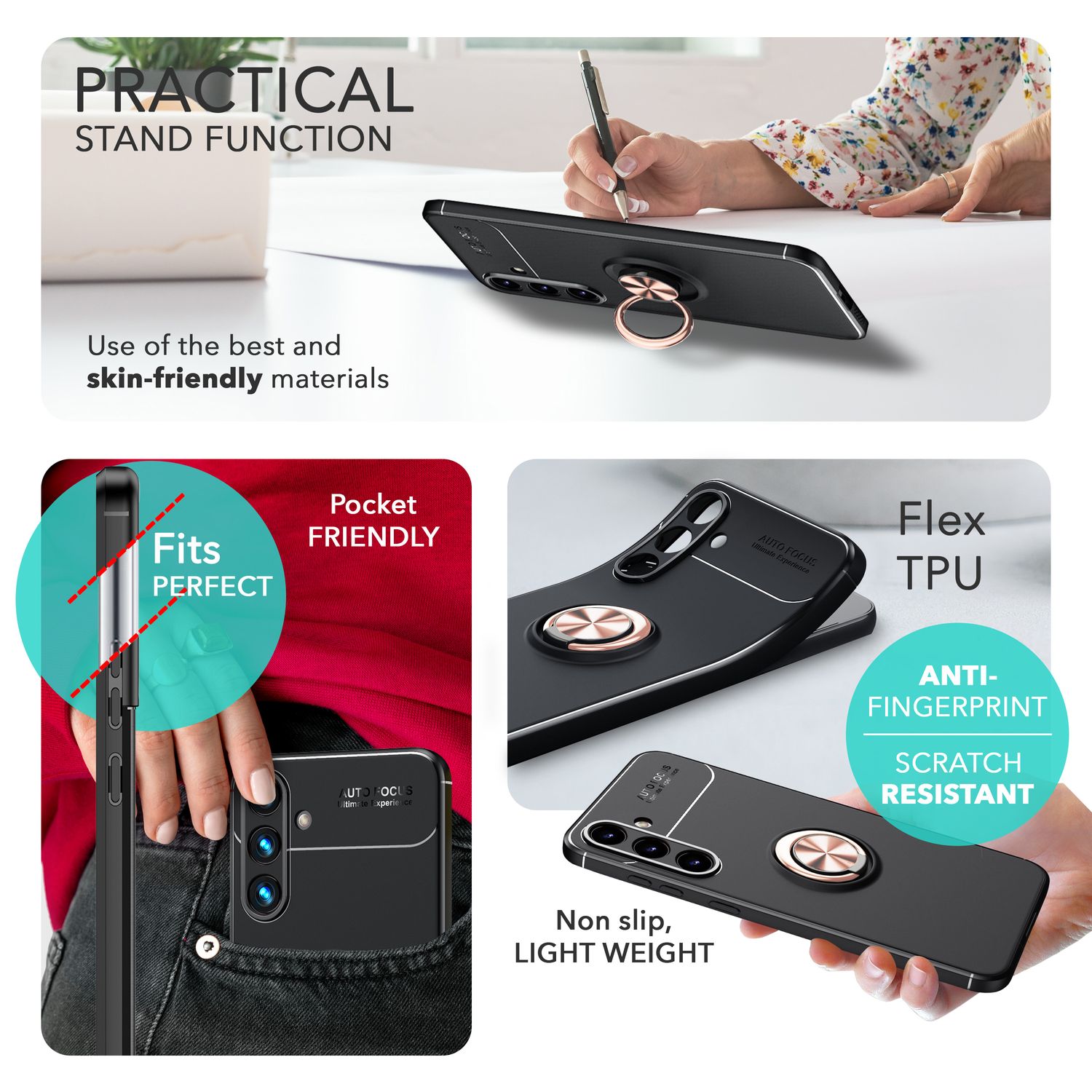 NALIA Matt-Schwarze Ringhülle für mit Samsung Galaxy S24 Plus Hülle, Silikon Schutzhülle mit 360-Grad drehbarem Ring Rose Gold NALIA Protective Hülle