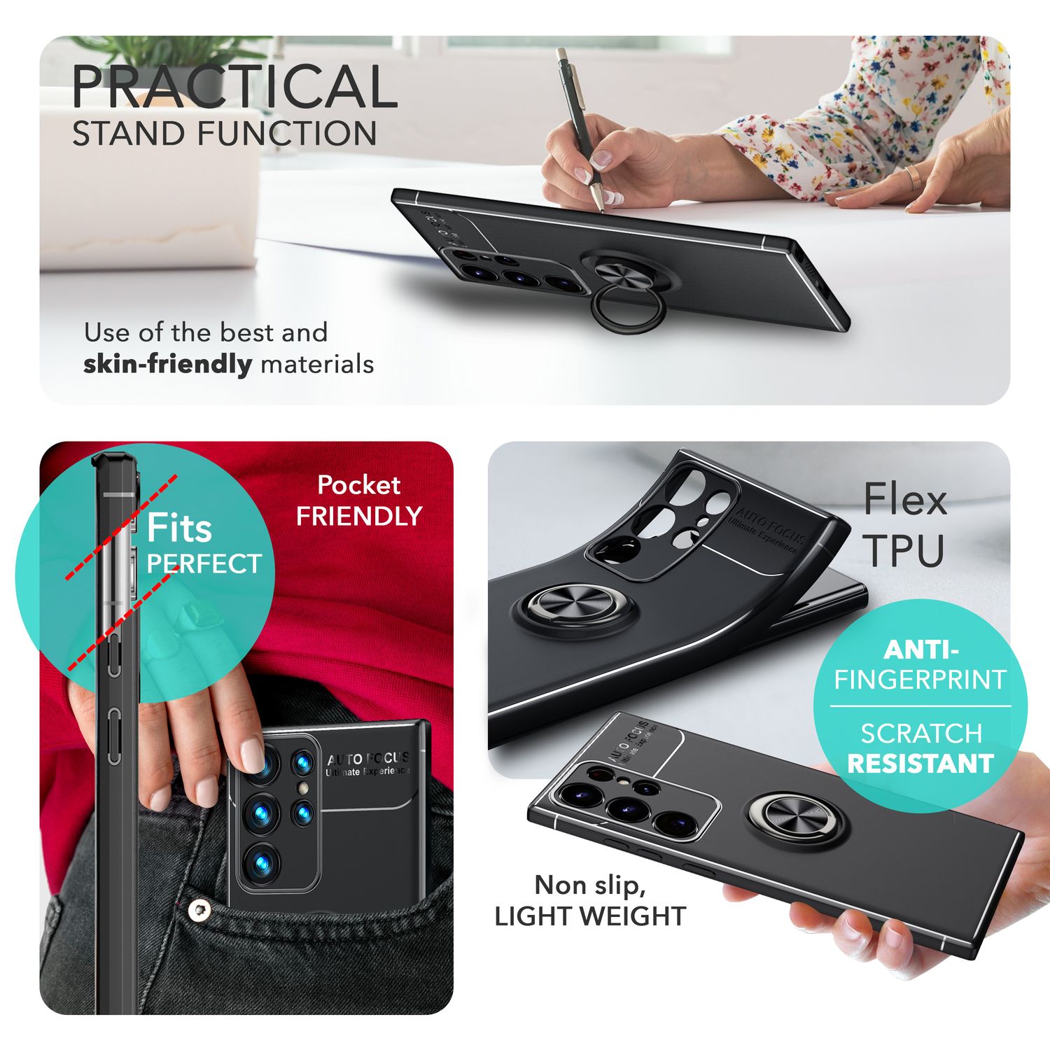 NALIA Matt-Schwarze Ringhülle für Samsung Galaxy S24 Ultra Hülle, Silikon Schutzhülle mit 360° drehbarem Ring Schwarz NALIA Protective Hülle