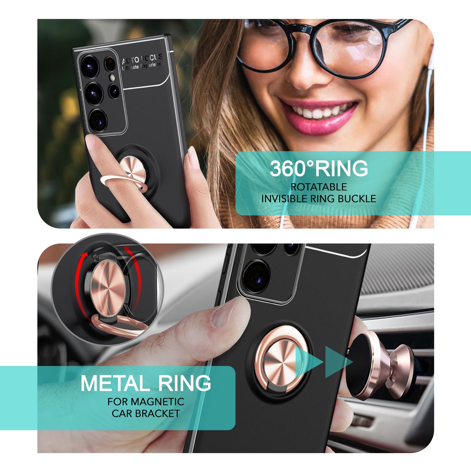 NALIA Matt-Schwarze Ringhülle für Samsung Galaxy S24 Ultra Hülle, Silikon Schutzhülle mit 360° drehbarem Ring Rose Gold NALIA Protective Hülle