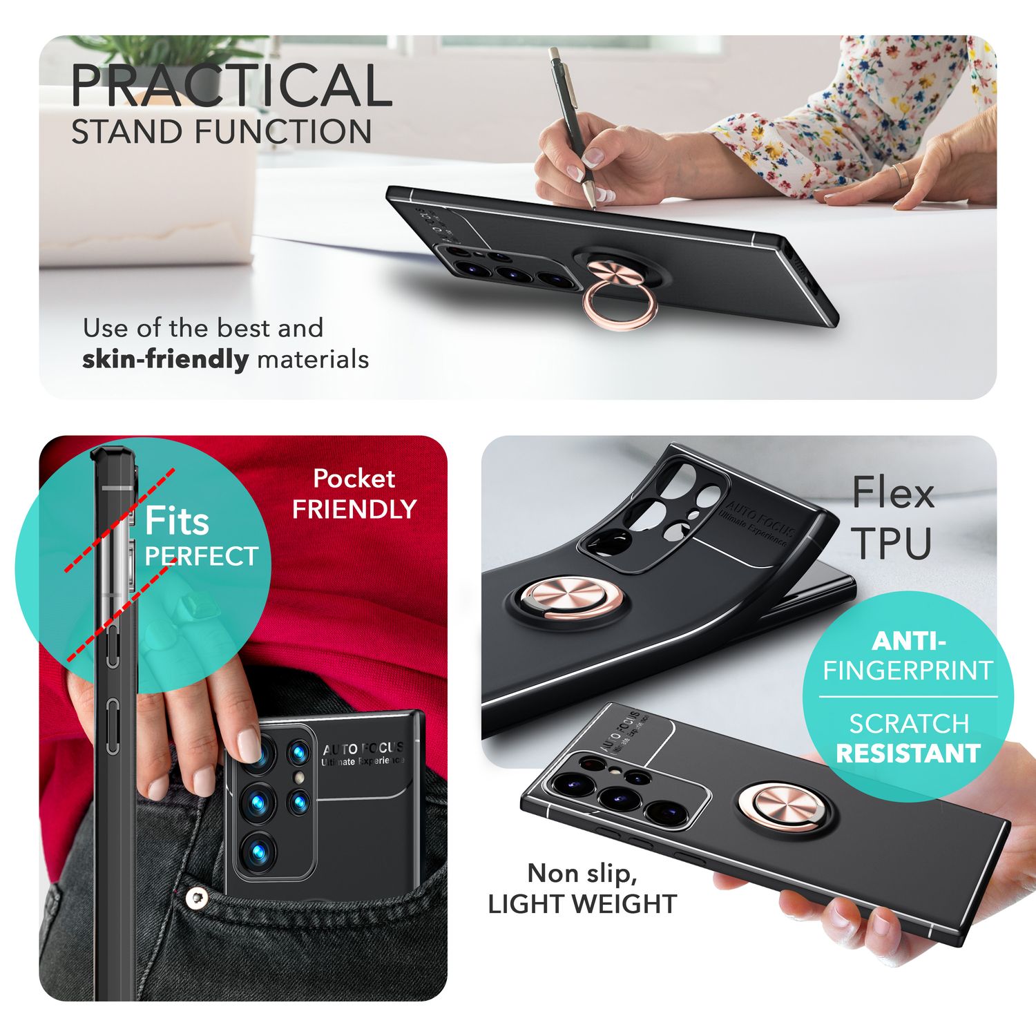 NALIA Matt-Schwarze Ringhülle für Samsung Galaxy S24 Ultra Hülle, Silikon Schutzhülle mit 360° drehbarem Ring Rose Gold NALIA Protective Hülle