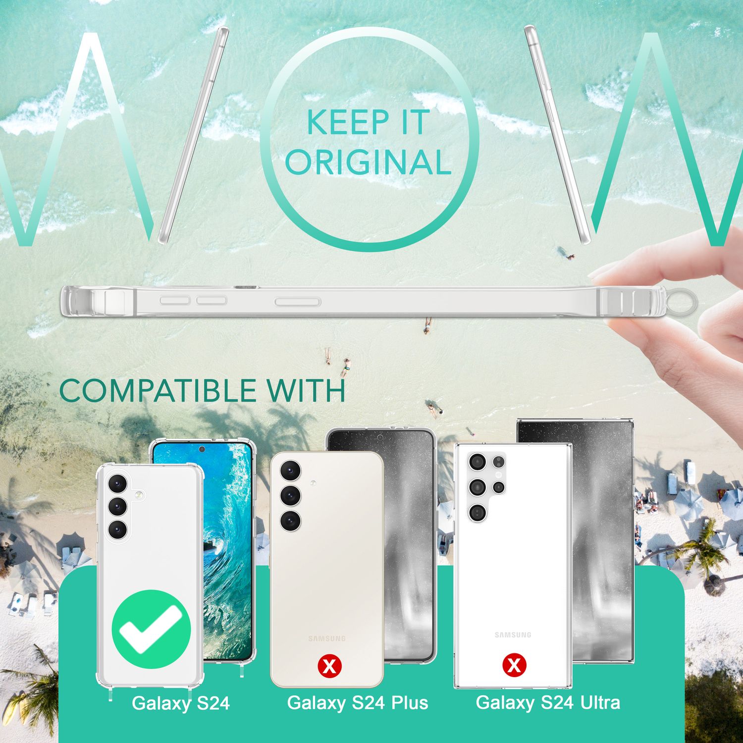 NALIA Klare Schutzhülle mit Kette für Samsung Galaxy S24 Hülle, Transparente Stabile Handyhülle mit Band zum Umhängen Schwarz NALIA Transparente Hülle