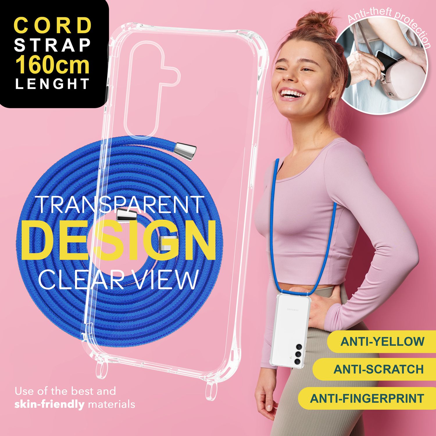 NALIA Klare Schutzhülle mit Kette für Samsung Galaxy S24 Hülle, Transparente Stabile Handyhülle mit Band zum Umhängen Blau NALIA Transparente Hülle