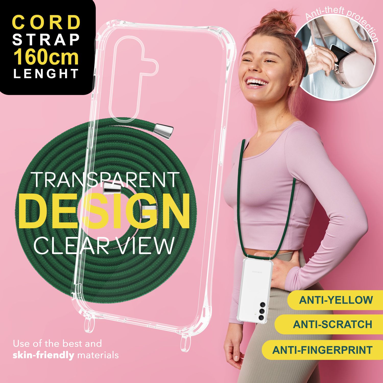 NALIA Klare Schutzhülle mit Kette für Samsung Galaxy S24 Hülle, Transparente Stabile Handyhülle mit Band zum Umhängen Dunkel-Grün NALIA Transparente Hülle