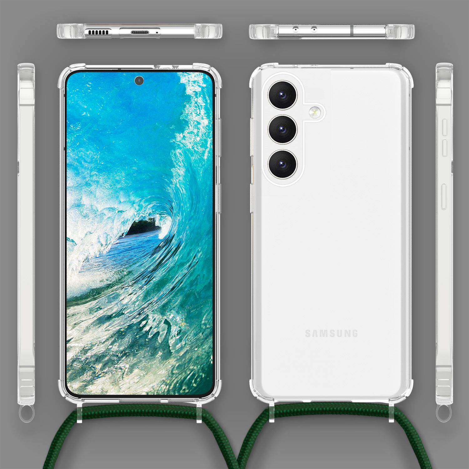 NALIA Klare Schutzhülle mit Kette für Samsung Galaxy S24 Hülle, Transparente Stabile Handyhülle mit Band zum Umhängen Dunkel-Grün NALIA Transparente Hülle