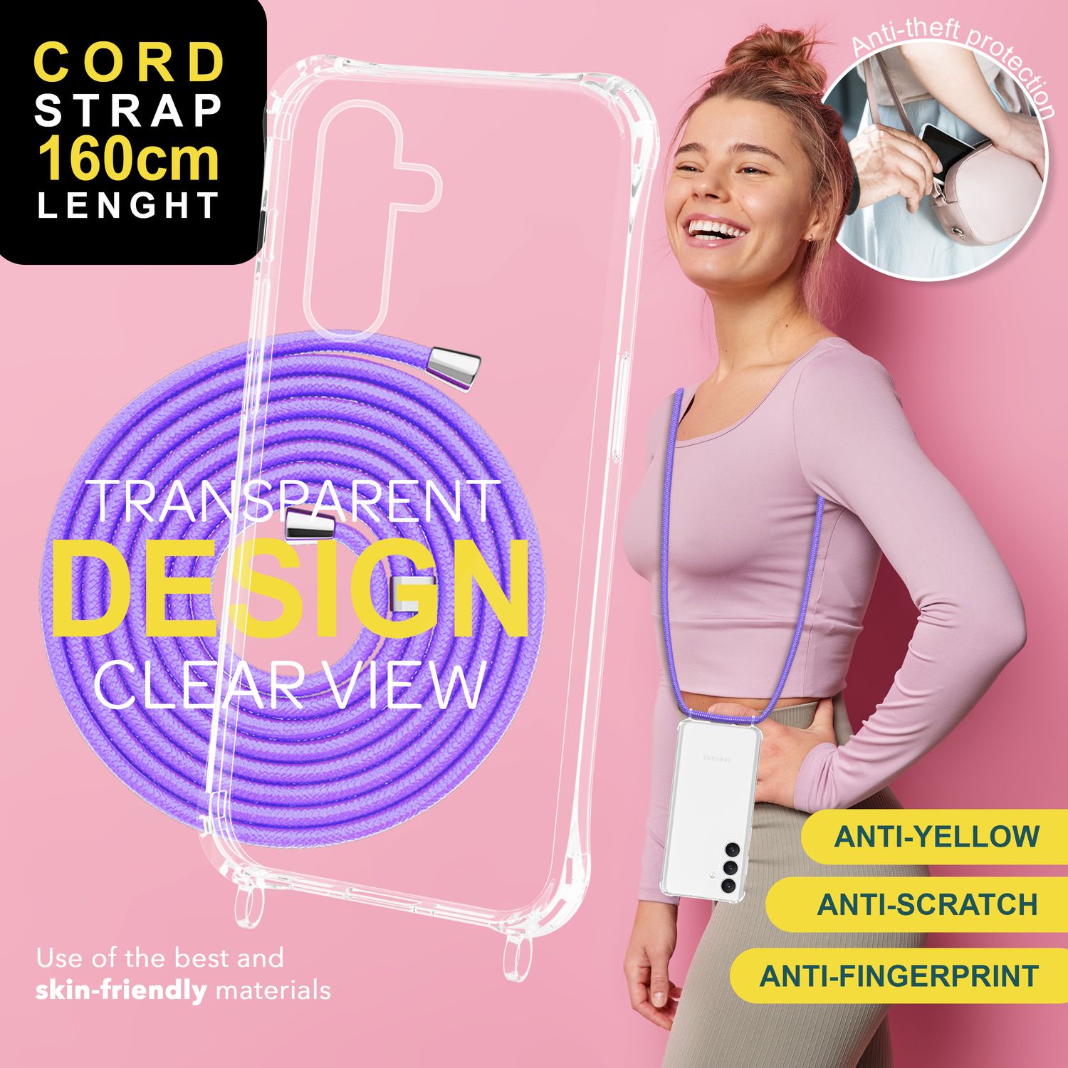 NALIA Klare Schutzhülle mit Kette für Samsung Galaxy S24 Hülle, Transparente Stabile Handyhülle mit Band zum Umhängen Lila NALIA Transparente Hülle