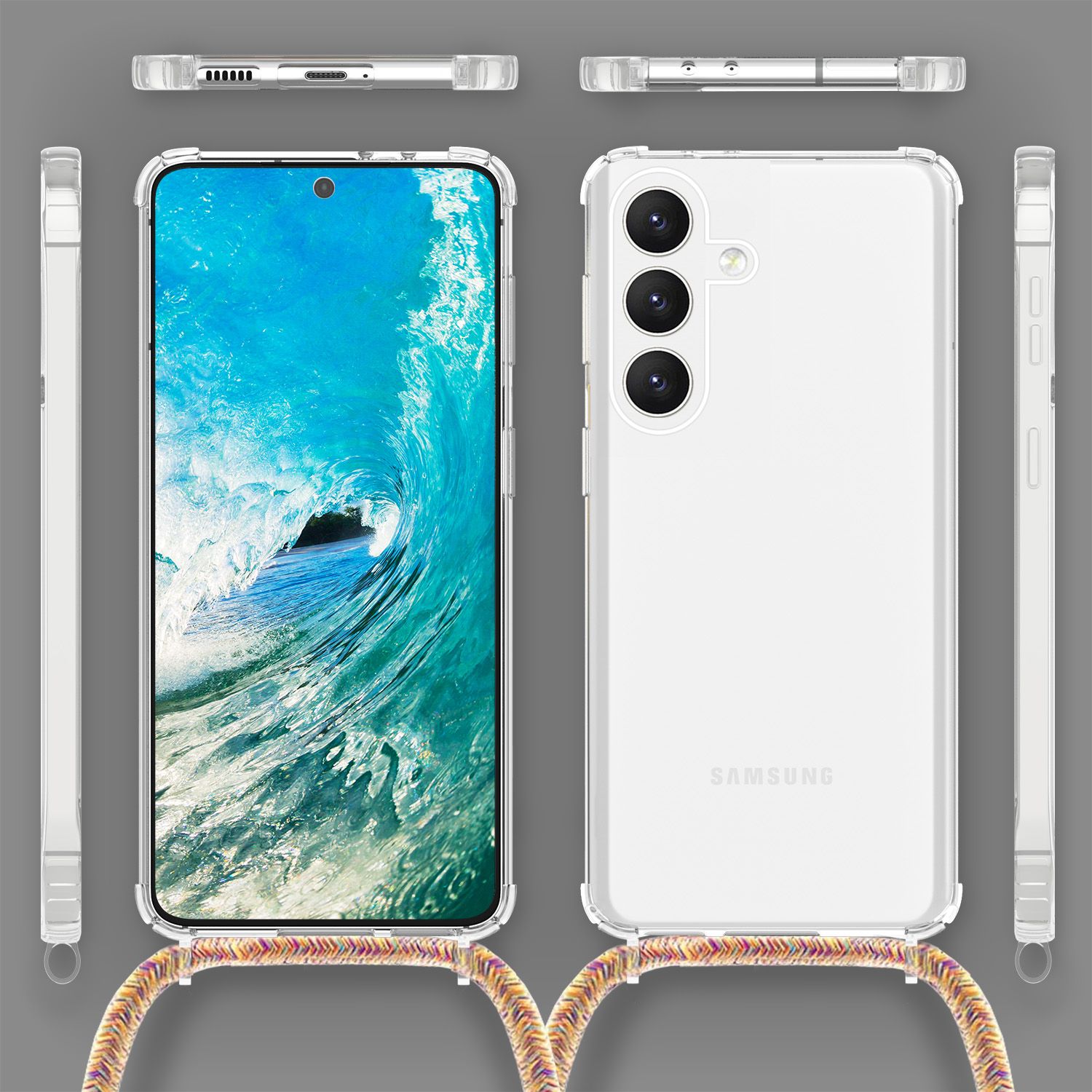 NALIA Klare Schutzhülle mit Kette für Samsung Galaxy S24 Hülle, Transparente Stabile Handyhülle mit Band zum Umhängen Regenbogen NALIA Transparente Hülle