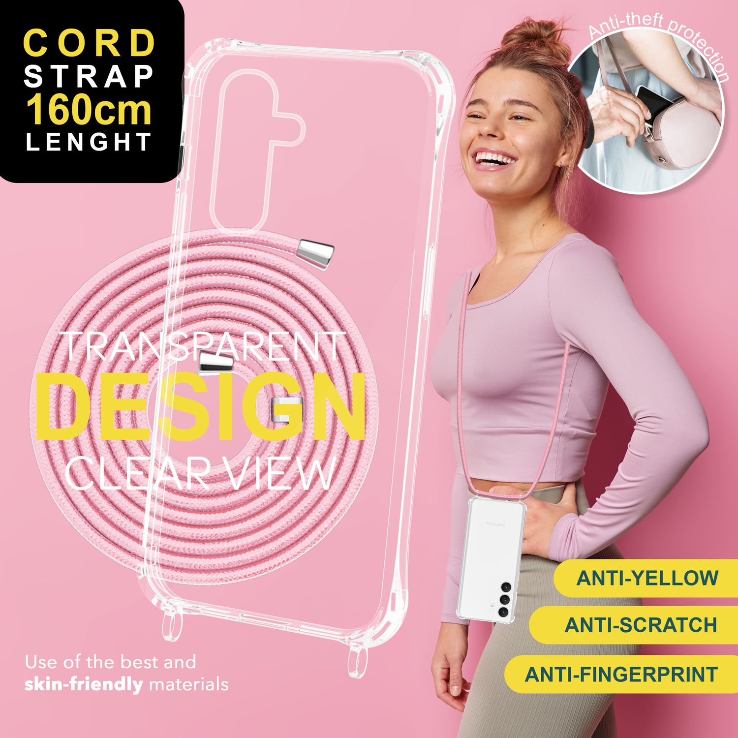 NALIA Klare Schutzhülle mit Kette für Samsung Galaxy S24 Hülle, Transparente Stabile Handyhülle mit Band zum Umhängen Rosa NALIA Transparente Hülle