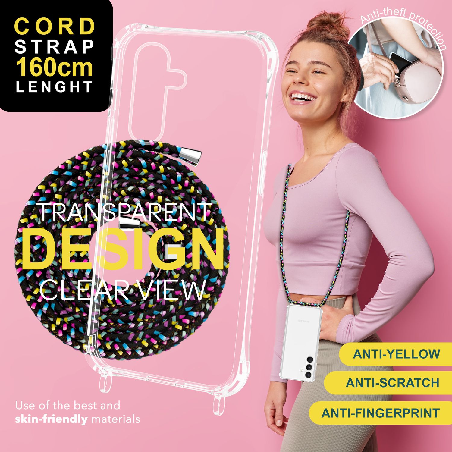 NALIA Klare Schutzhülle mit Kette für Samsung Galaxy S24 Hülle, Transparente Stabile Handyhülle mit Band zum Umhängen Schwarz Bunt NALIA Transparente Hülle