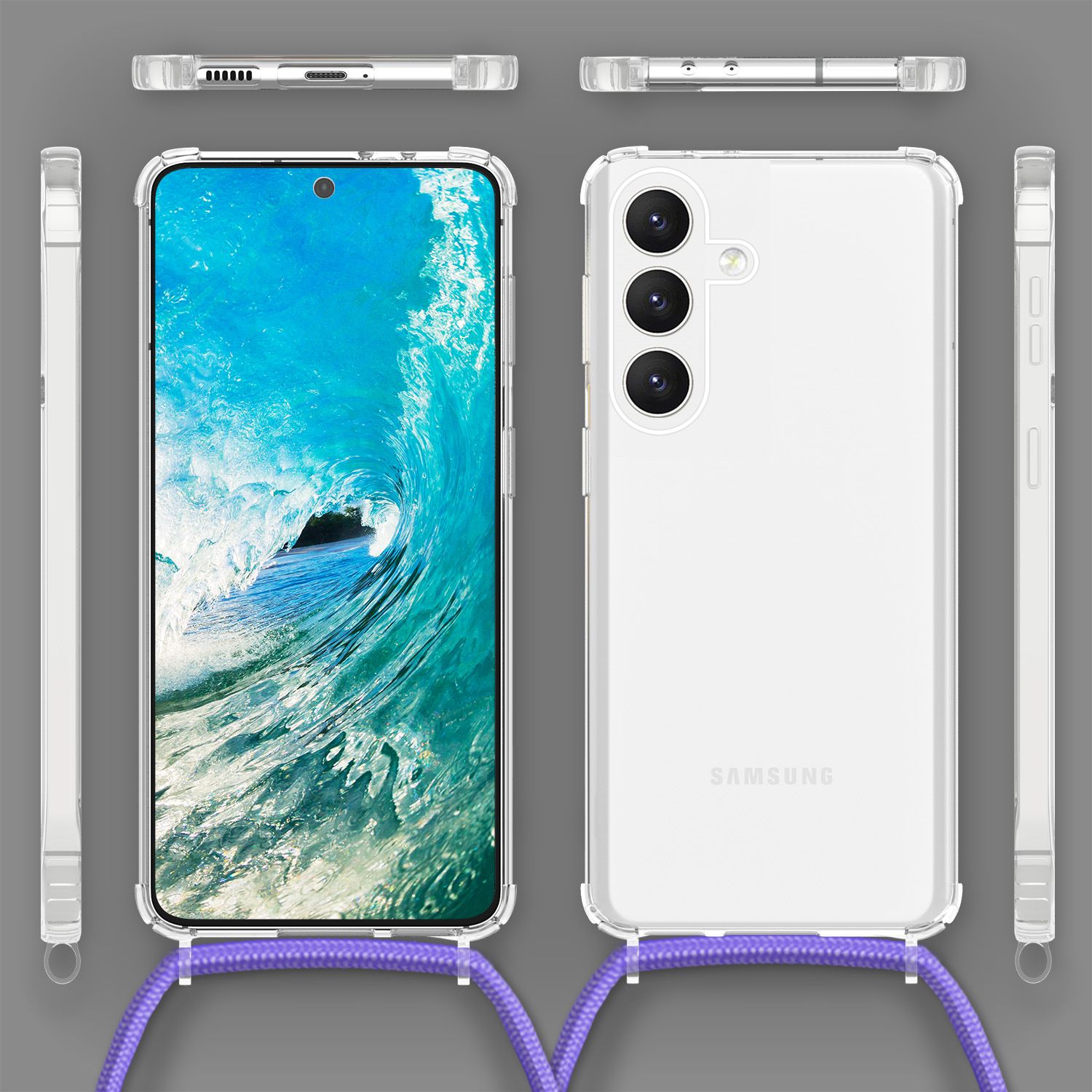 NALIA Klare Schutzhülle mit Kette für Samsung Galaxy S24 Plus Hülle, Transparente Stabile Handyhülle mit Umhänge-Band Lila NALIA Transparente Hülle