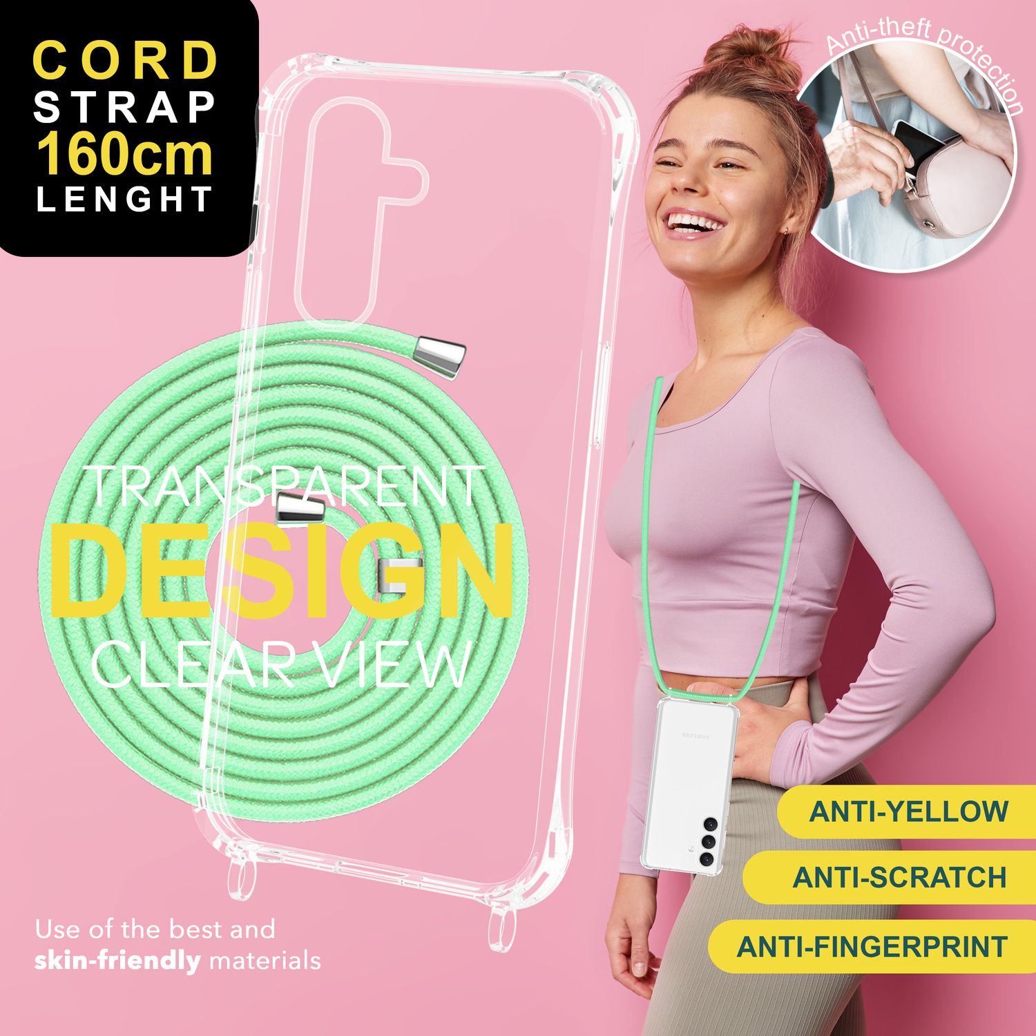 NALIA Klare Schutzhülle mit Kette für Samsung Galaxy S24 Plus Hülle, Transparente Stabile Handyhülle mit Umhänge-Band Mint-Grün NALIA Transparente Hülle