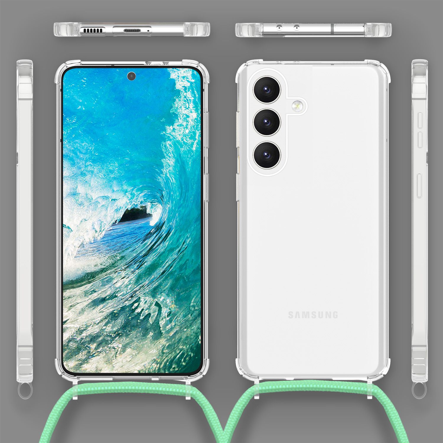 NALIA Klare Schutzhülle mit Kette für Samsung Galaxy S24 Plus Hülle, Transparente Stabile Handyhülle mit Umhänge-Band Mint-Grün NALIA Transparente Hülle