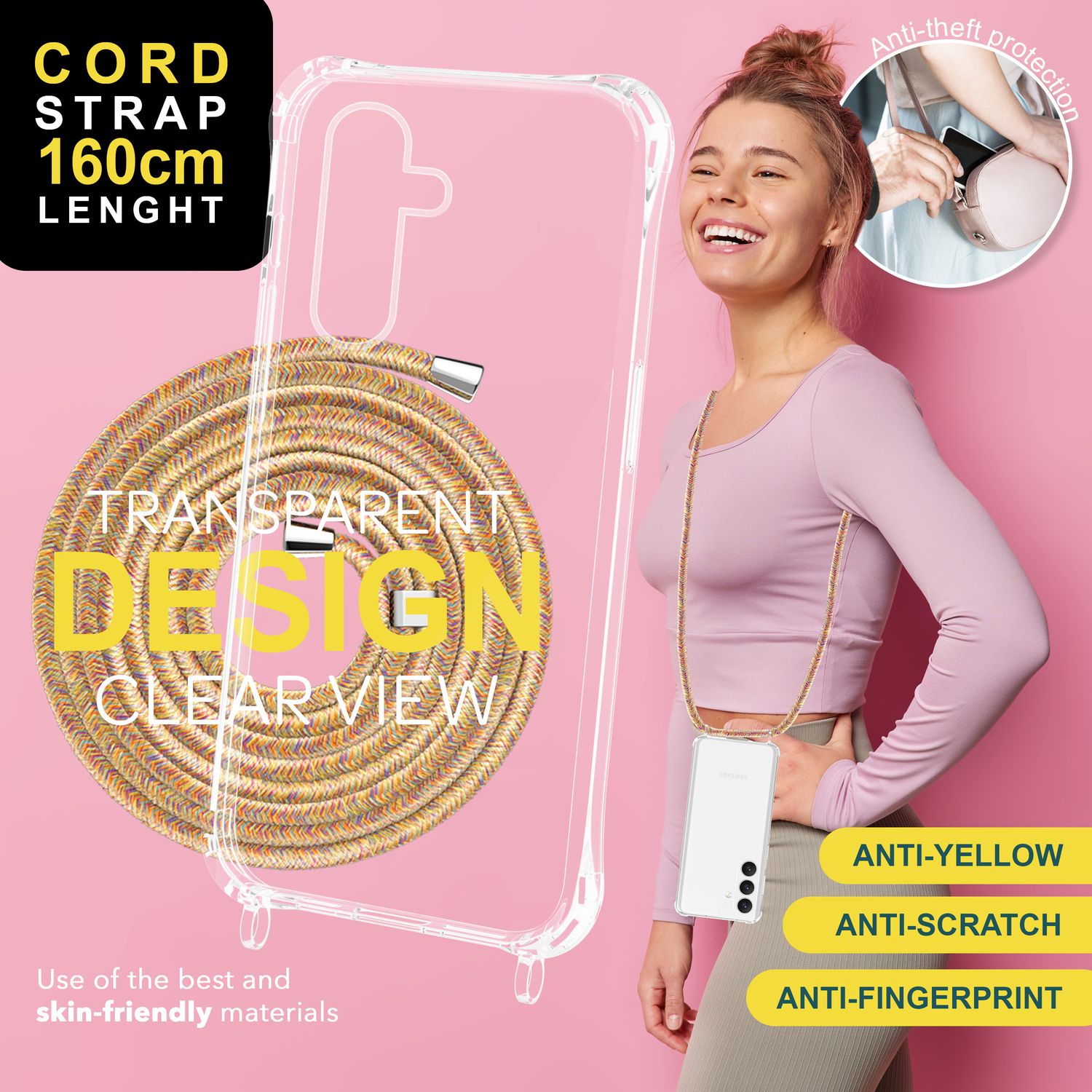 NALIA Klare Schutzhülle mit Kette für Samsung Galaxy S24 Plus Hülle, Transparente Stabile Handyhülle mit Umhänge-Band Regenbogen NALIA Transparente Hülle