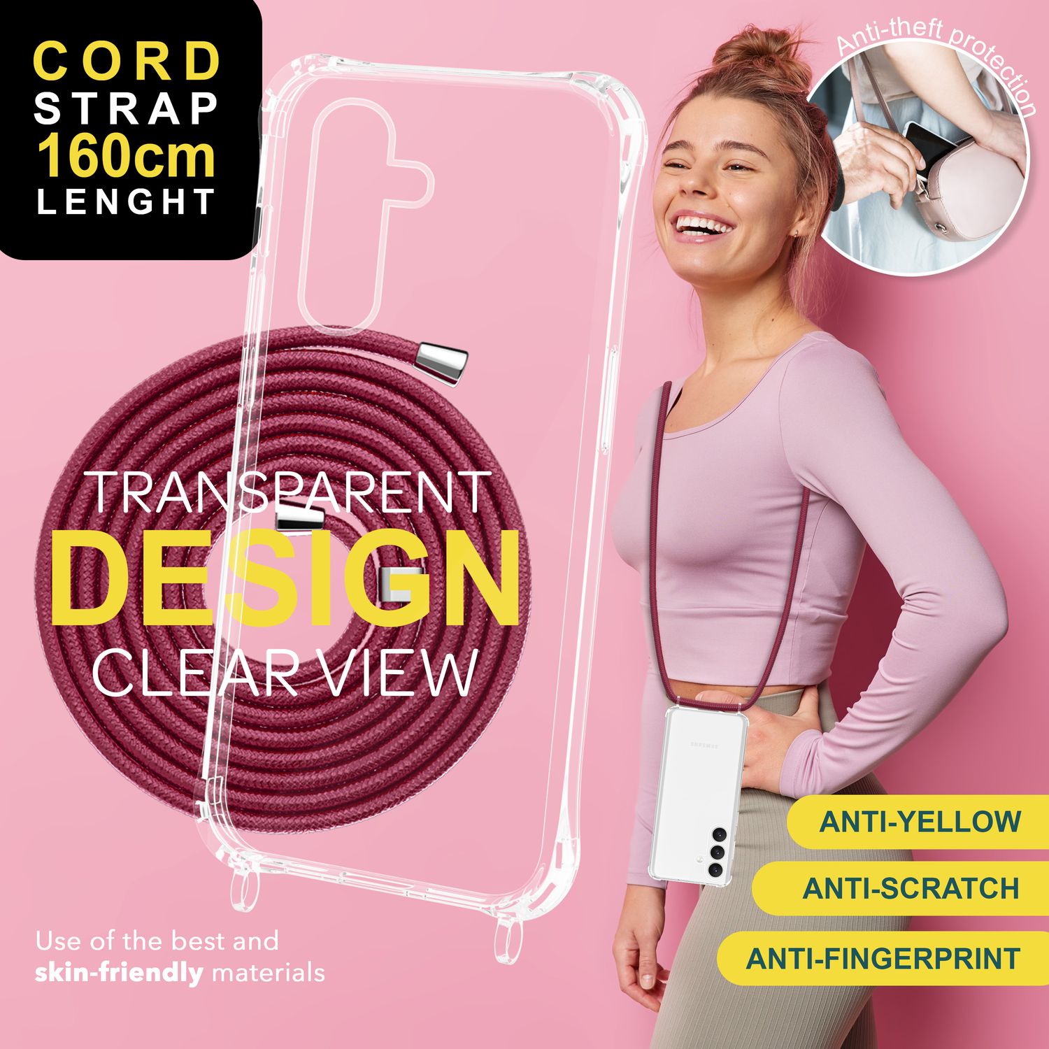 NALIA Klare Schutzhülle mit Kette für Samsung Galaxy S24 Plus Hülle, Transparente Stabile Handyhülle mit Umhänge-Band Rot NALIA Transparente Hülle