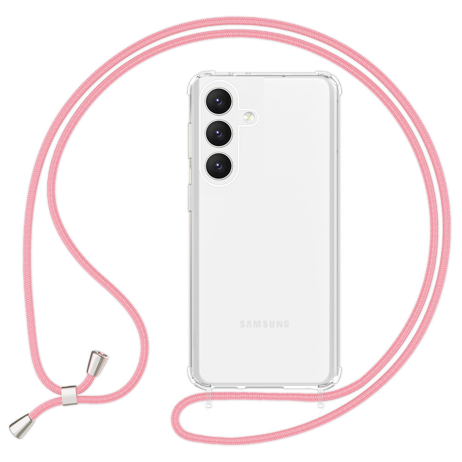 NALIA Klare Schutzhülle mit Kette für Samsung Galaxy S24 Plus Hülle, Transparente Stabile Handyhülle mit Umhänge-Band Rosa NALIA Transparente Hülle