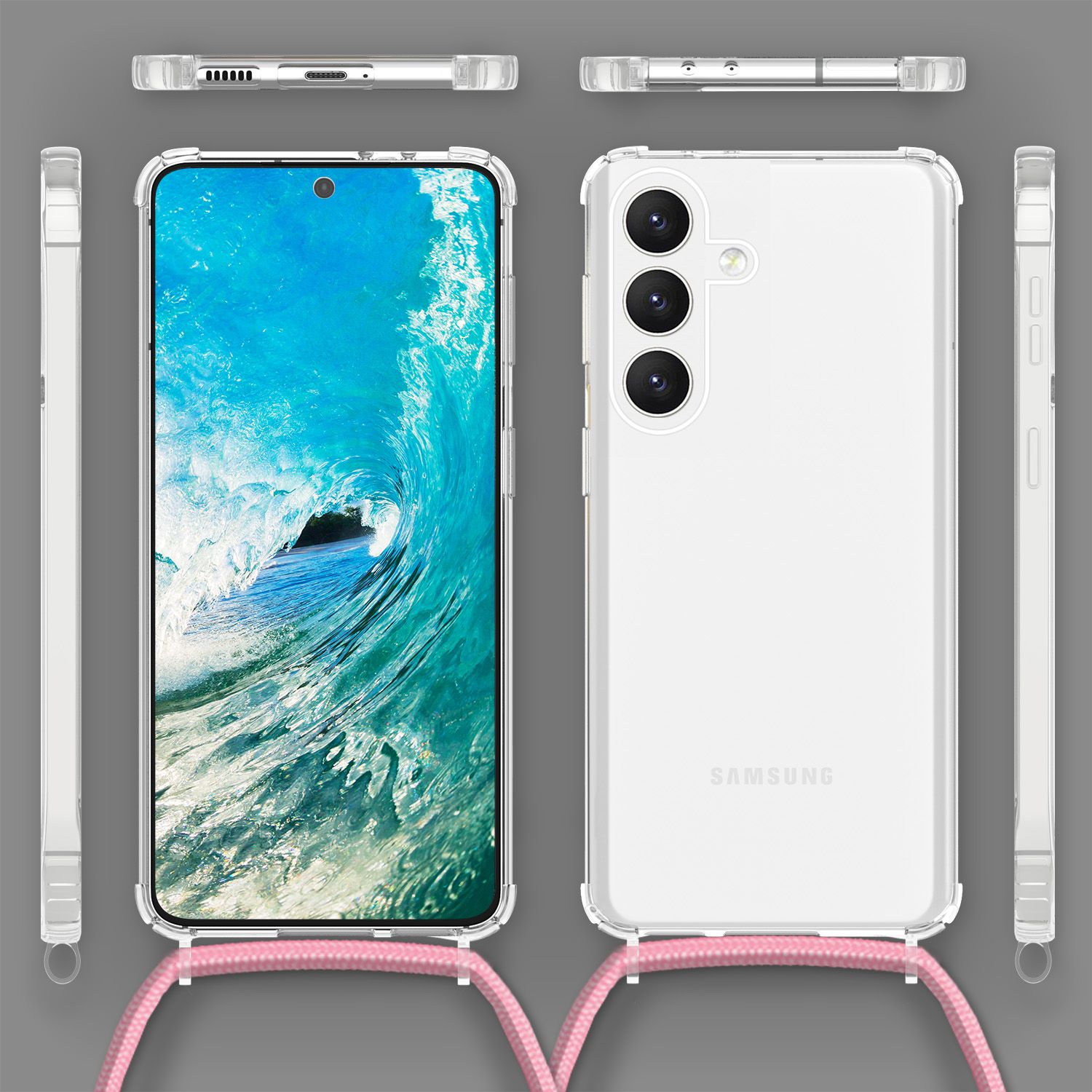 NALIA Klare Schutzhülle mit Kette für Samsung Galaxy S24 Plus Hülle, Transparente Stabile Handyhülle mit Umhänge-Band Rosa NALIA Transparente Hülle