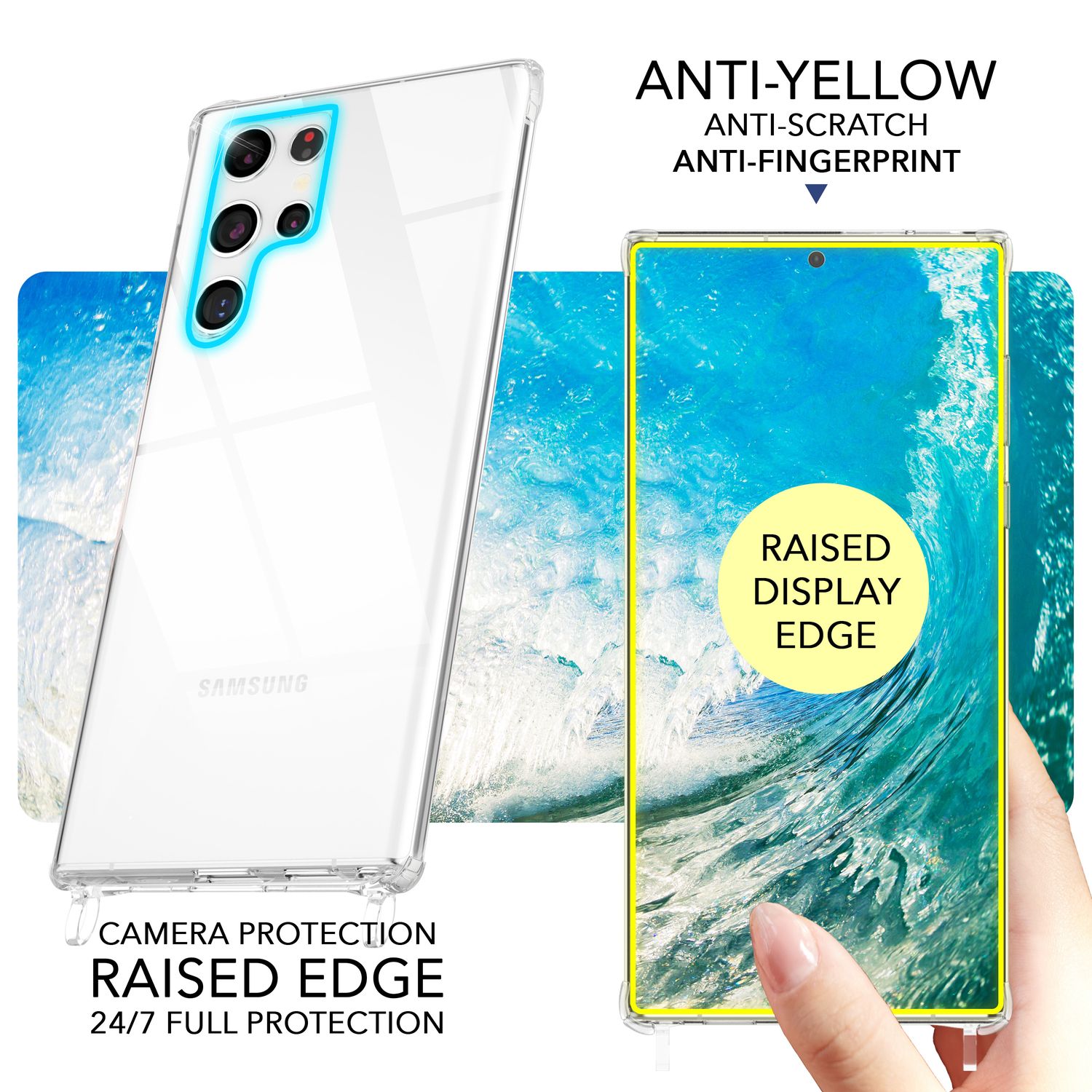 NALIA Klare Schutzhülle mit Kette für Samsung Galaxy S24 Ultra Hülle, Transparente Stabile Handyhülle mit Umhänge-Band Schwarz Bunt NALIA Transparente Hülle