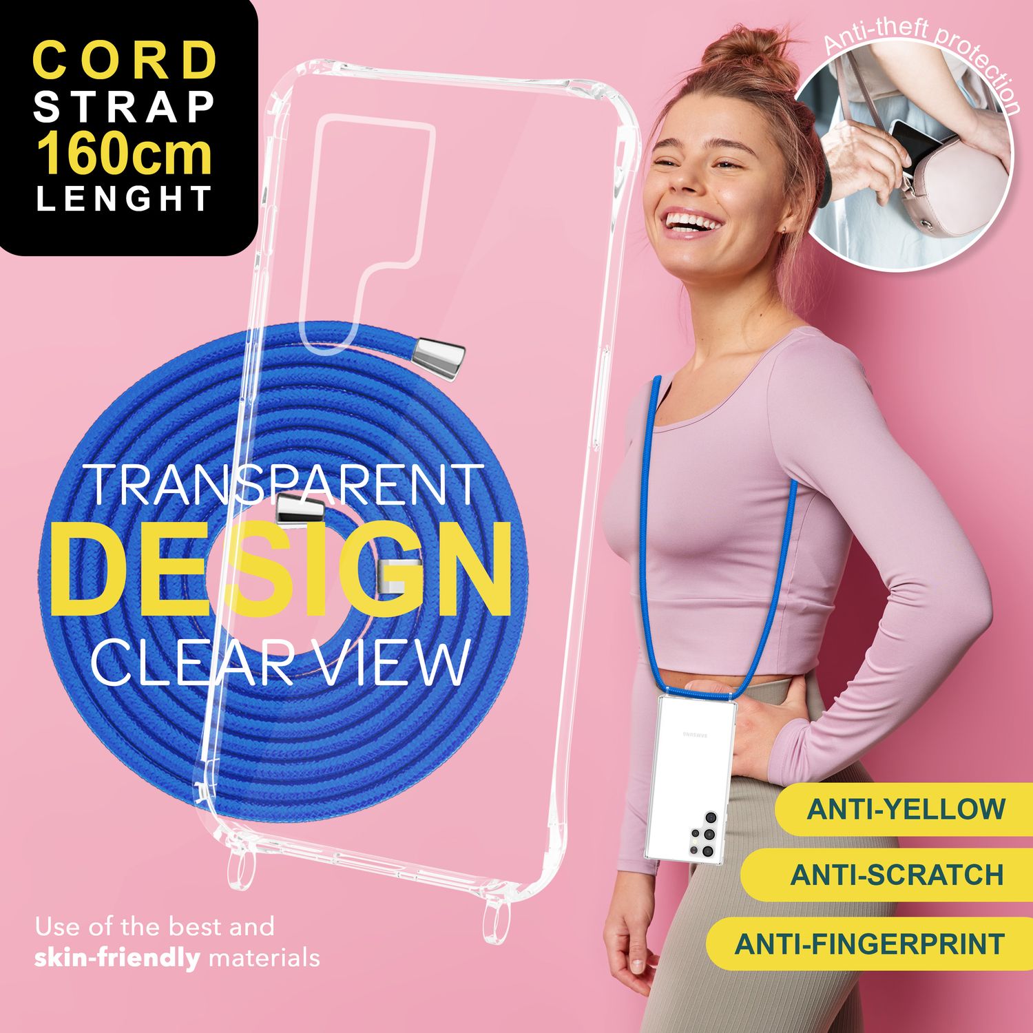 NALIA Klare Schutzhülle mit Kette für Samsung Galaxy S24 Ultra Hülle, Transparente Stabile Handyhülle mit Umhänge-Band Blau NALIA Transparente Hülle