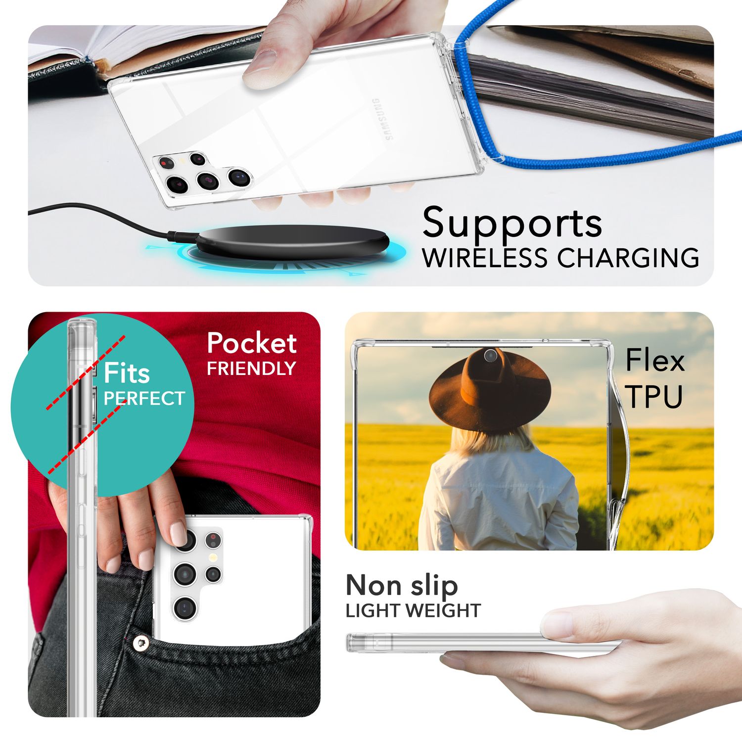 NALIA Klare Schutzhülle mit Kette für Samsung Galaxy S24 Ultra Hülle, Transparente Stabile Handyhülle mit Umhänge-Band Blau NALIA Transparente Hülle