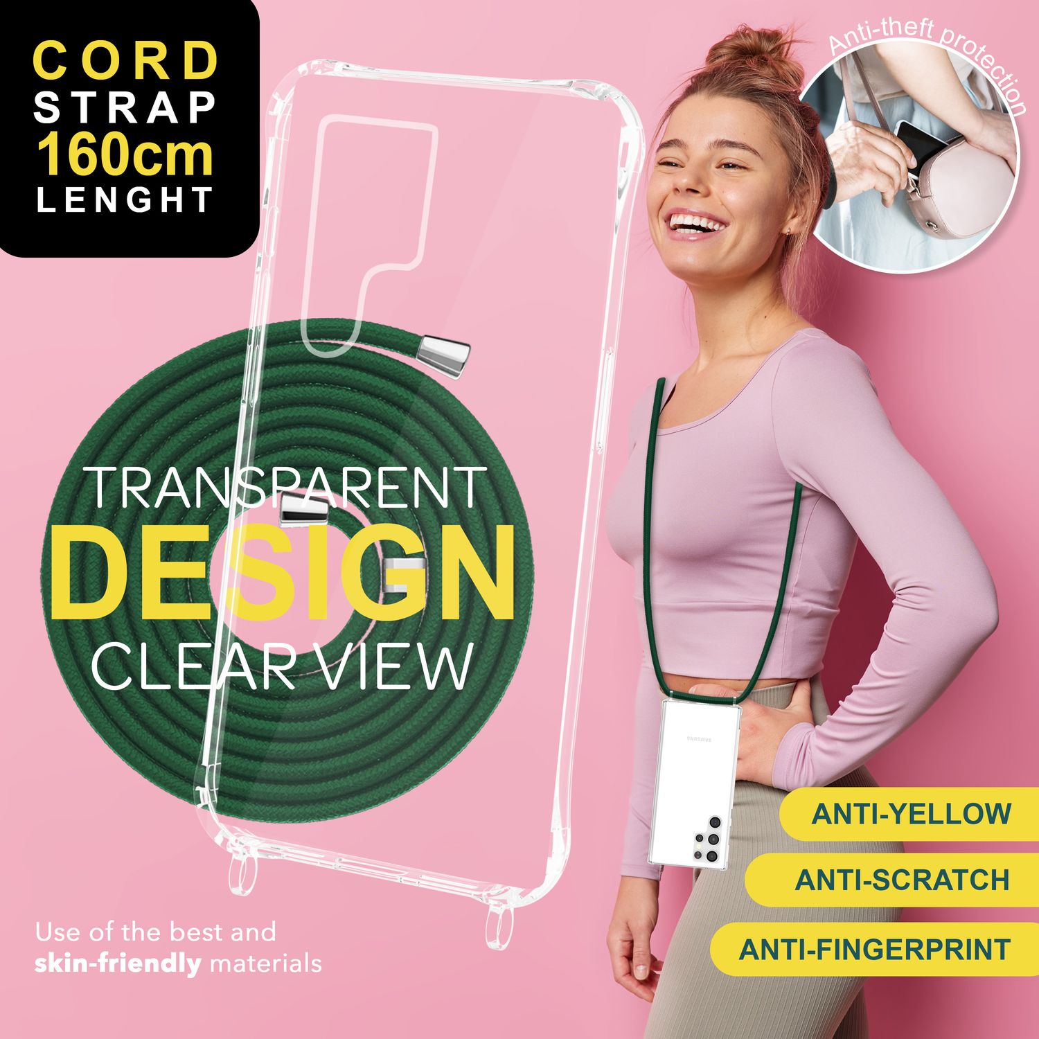 NALIA Klare Schutzhülle mit Kette für Samsung Galaxy S24 Ultra Hülle, Transparente Stabile Handyhülle mit Umhänge-Band Dunkel-Grün NALIA Transparente Hülle