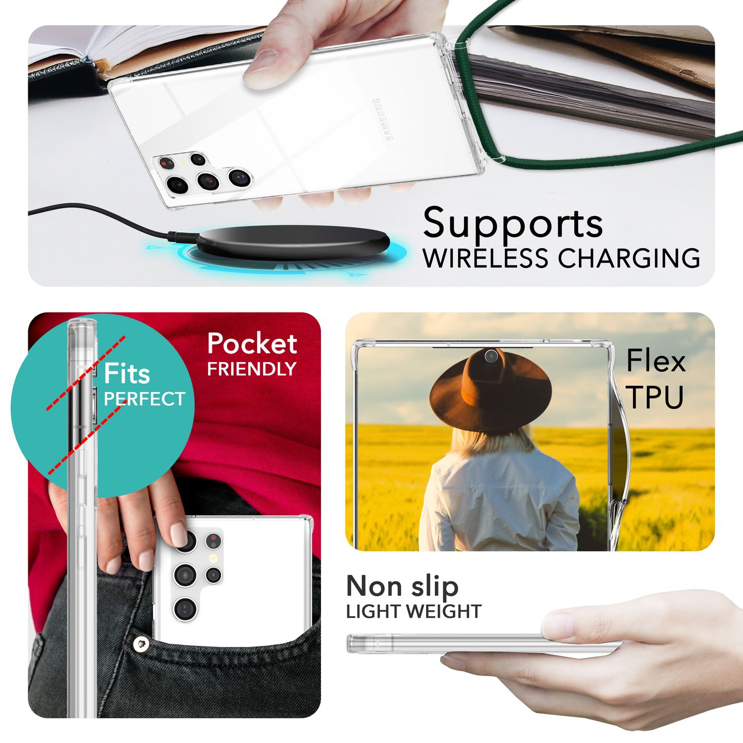 NALIA Klare Schutzhülle mit Kette für Samsung Galaxy S24 Ultra Hülle, Transparente Stabile Handyhülle mit Umhänge-Band Dunkel-Grün NALIA Transparente Hülle