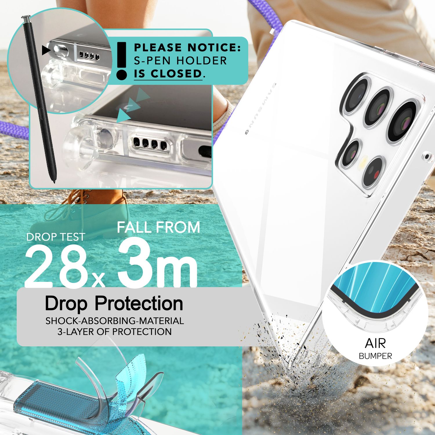 NALIA Klare Schutzhülle mit Kette für Samsung Galaxy S24 Ultra Hülle, Transparente Stabile Handyhülle mit Umhänge-Band Lila NALIA Transparente Hülle