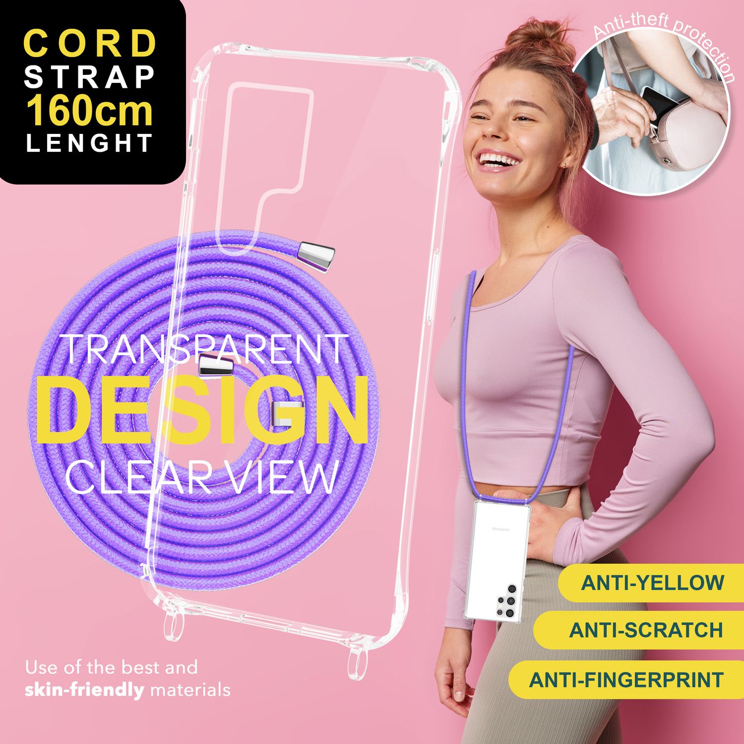 NALIA Klare Schutzhülle mit Kette für Samsung Galaxy S24 Ultra Hülle, Transparente Stabile Handyhülle mit Umhänge-Band Lila NALIA Transparente Hülle