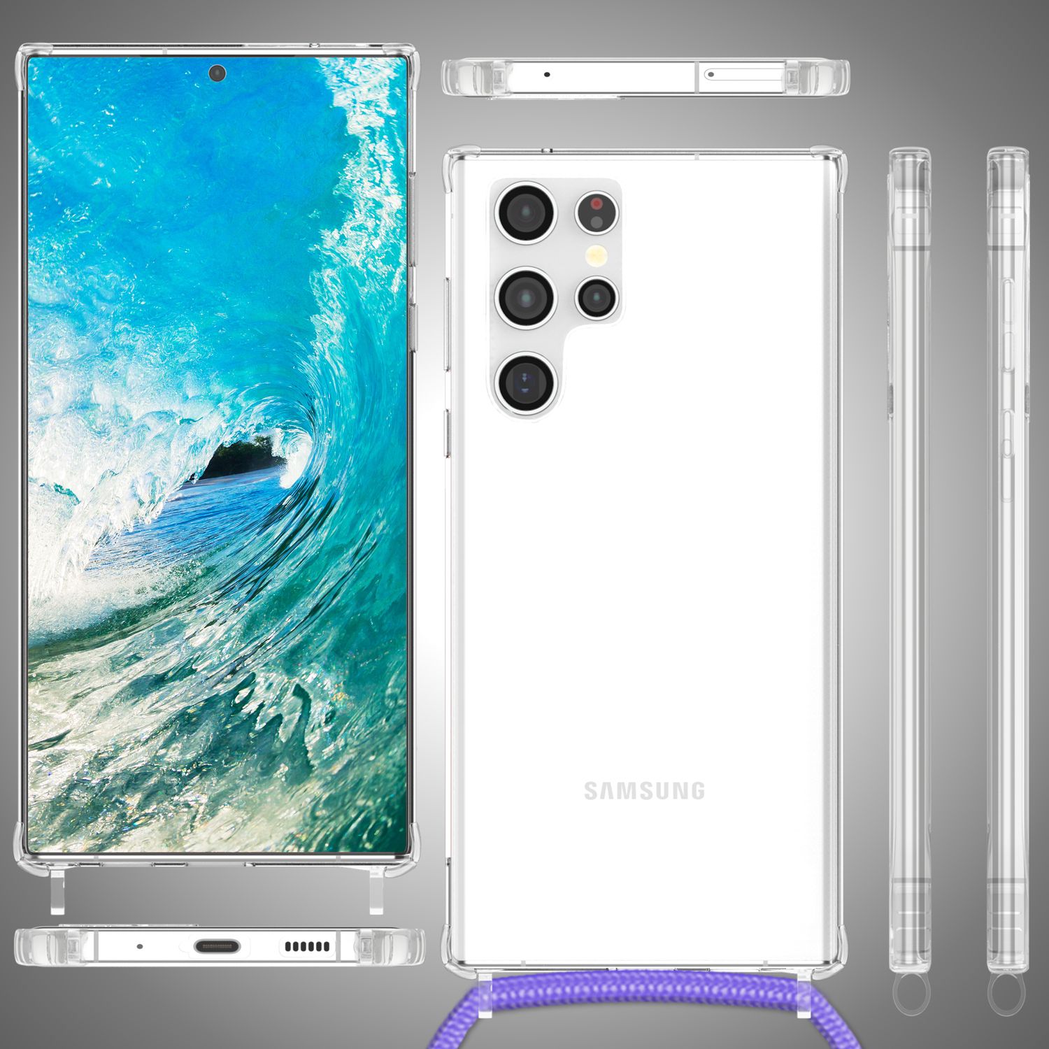NALIA Klare Schutzhülle mit Kette für Samsung Galaxy S24 Ultra Hülle, Transparente Stabile Handyhülle mit Umhänge-Band Lila NALIA Transparente Hülle