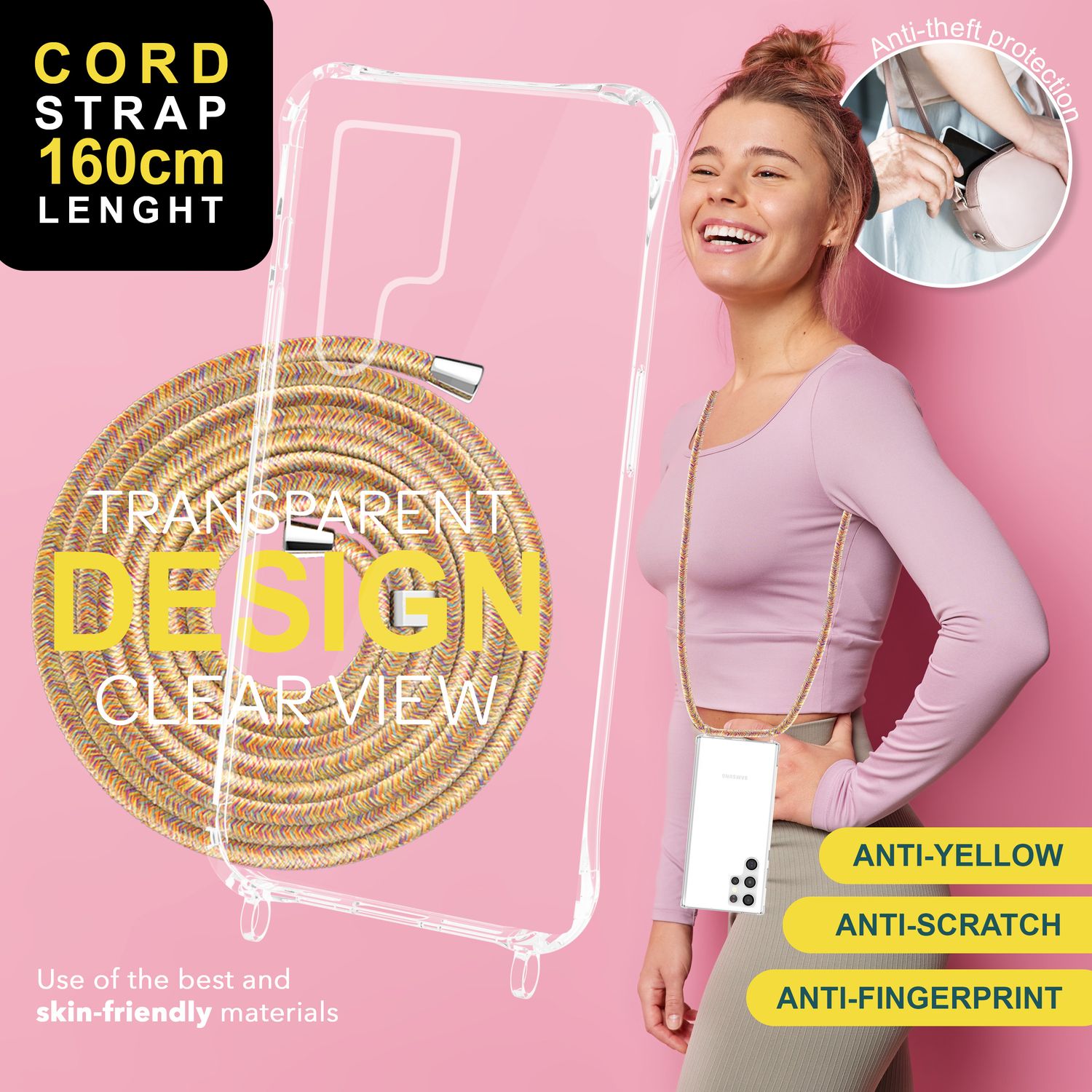 NALIA Klare Schutzhülle mit Kette für Samsung Galaxy S24 Ultra Hülle, Transparente Stabile Handyhülle mit Umhänge-Band Regenbogen NALIA Transparente Hülle