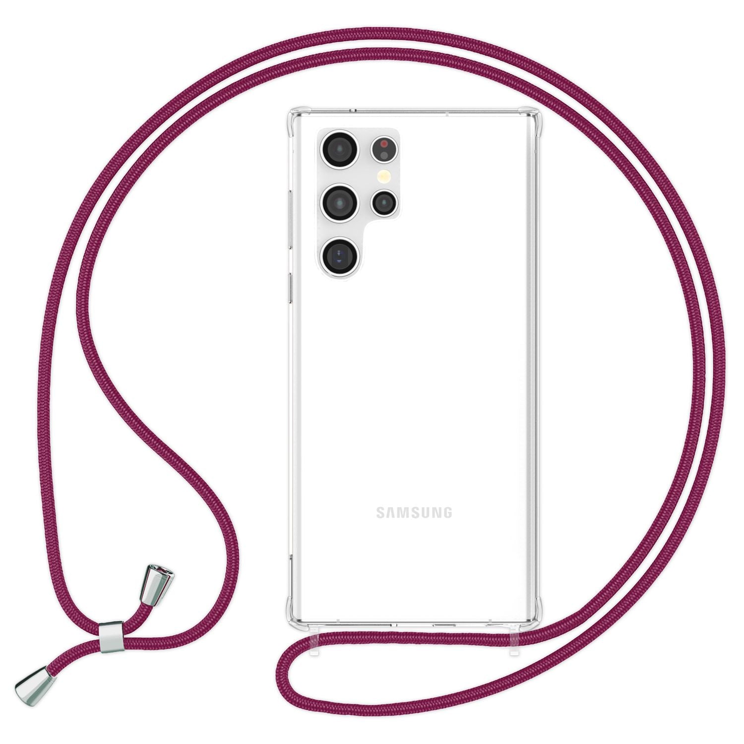 NALIA Klare Schutzhülle mit Kette für Samsung Galaxy S24 Ultra Hülle, Transparente Stabile Handyhülle mit Umhänge-Band Rot NALIA Transparente Hülle