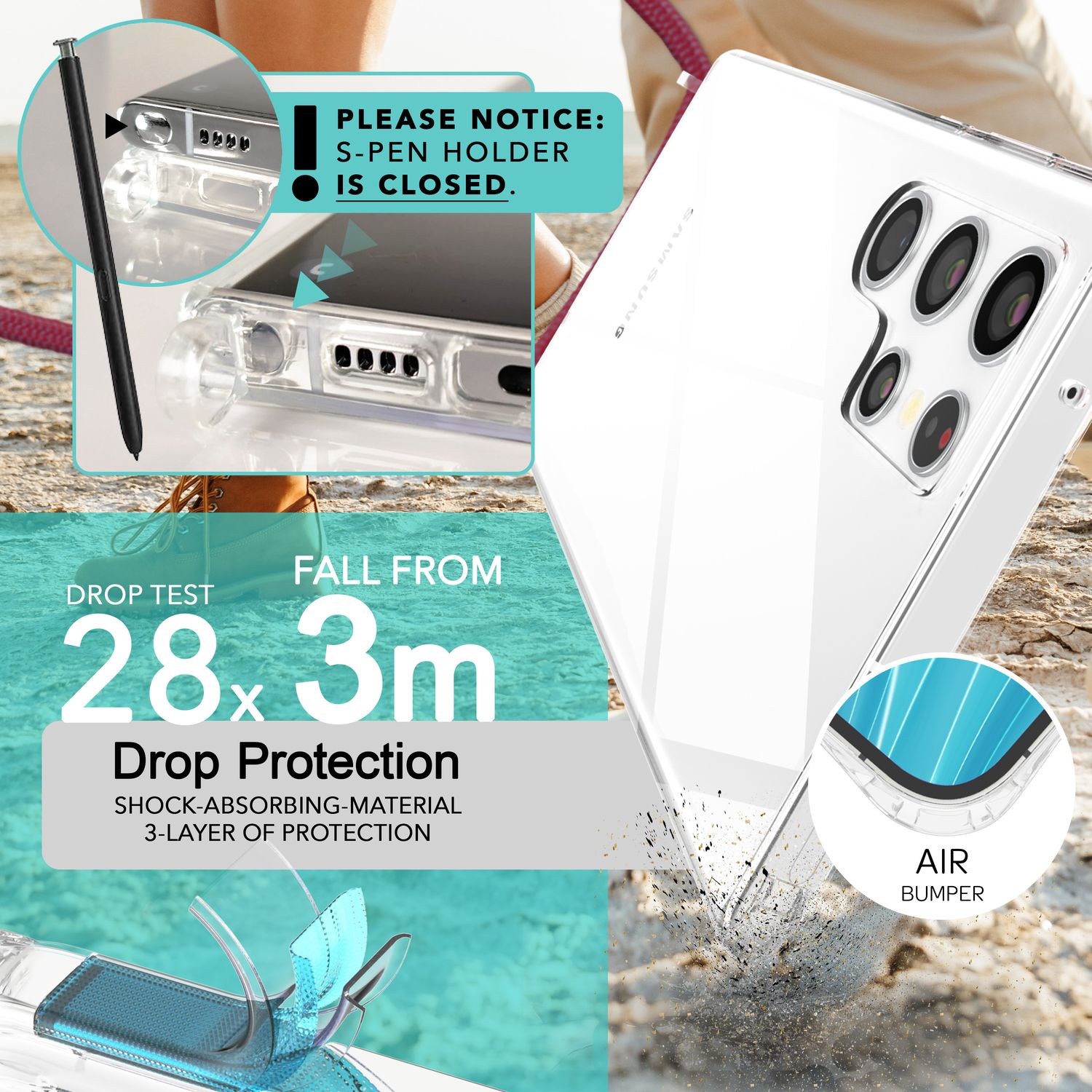 NALIA Klare Schutzhülle mit Kette für Samsung Galaxy S24 Ultra Hülle, Transparente Stabile Handyhülle mit Umhänge-Band Rot NALIA Transparente Hülle