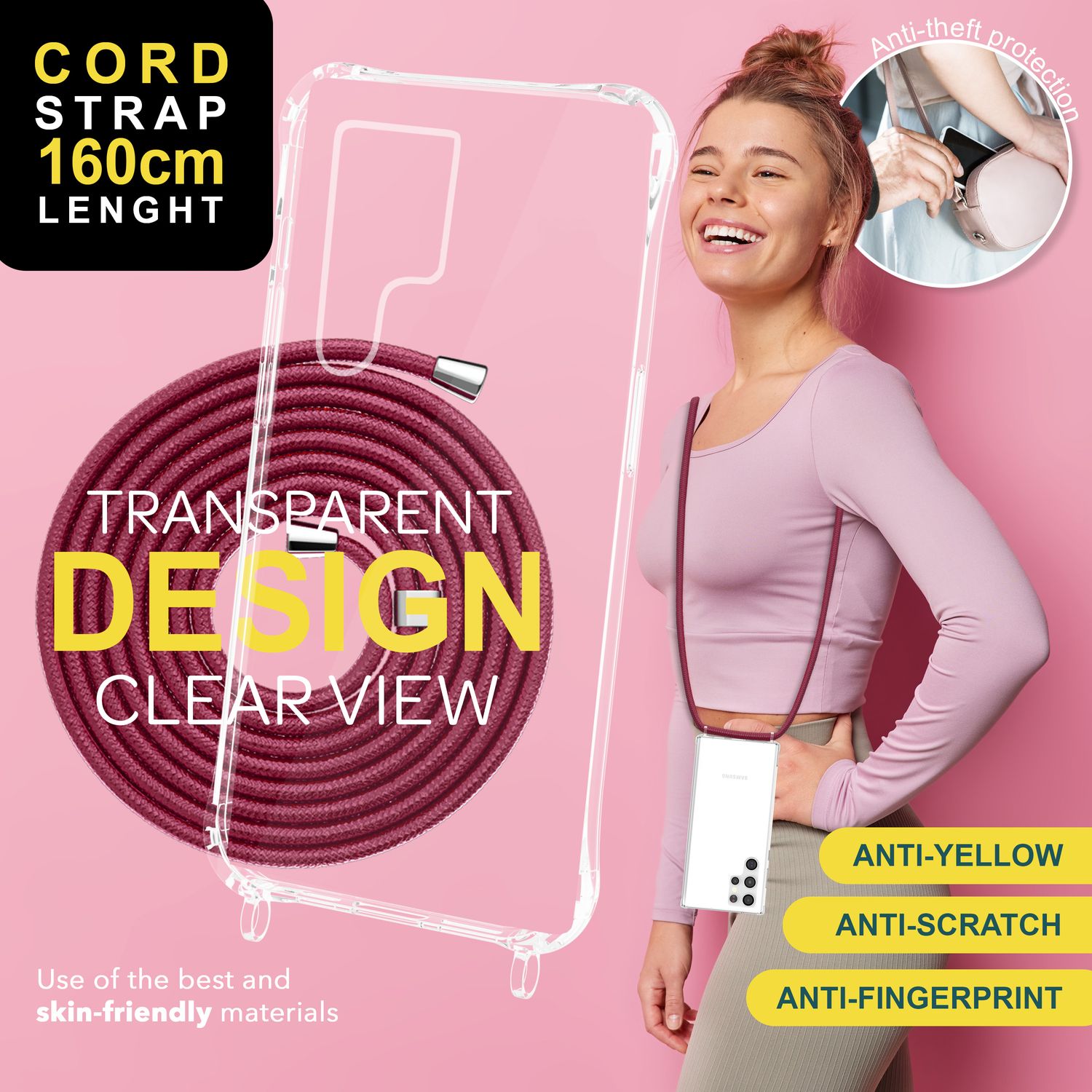 NALIA Klare Schutzhülle mit Kette für Samsung Galaxy S24 Ultra Hülle, Transparente Stabile Handyhülle mit Umhänge-Band Rot NALIA Transparente Hülle