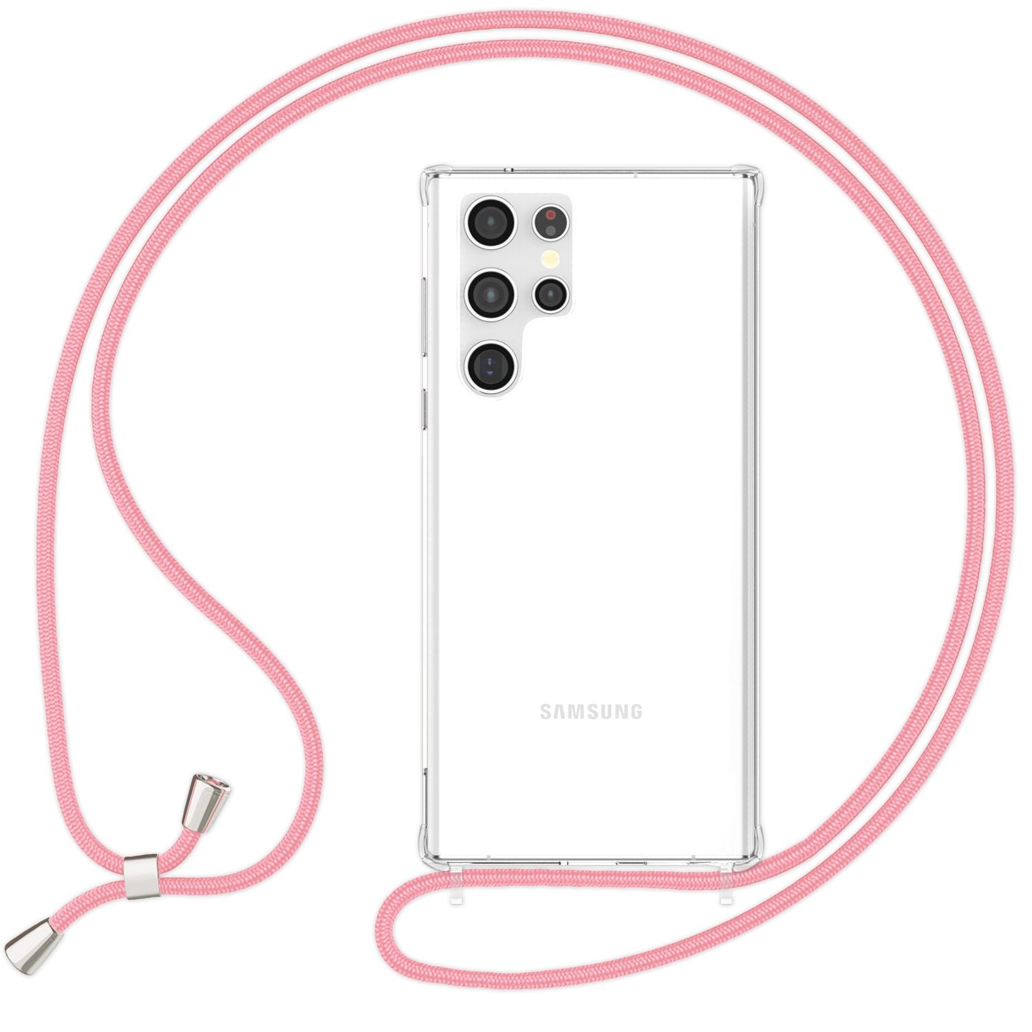 NALIA Klare Schutzhülle mit Kette für Samsung Galaxy S24 Ultra Hülle, Transparente Stabile Handyhülle mit Umhänge-Band Rosa NALIA Transparente Hülle