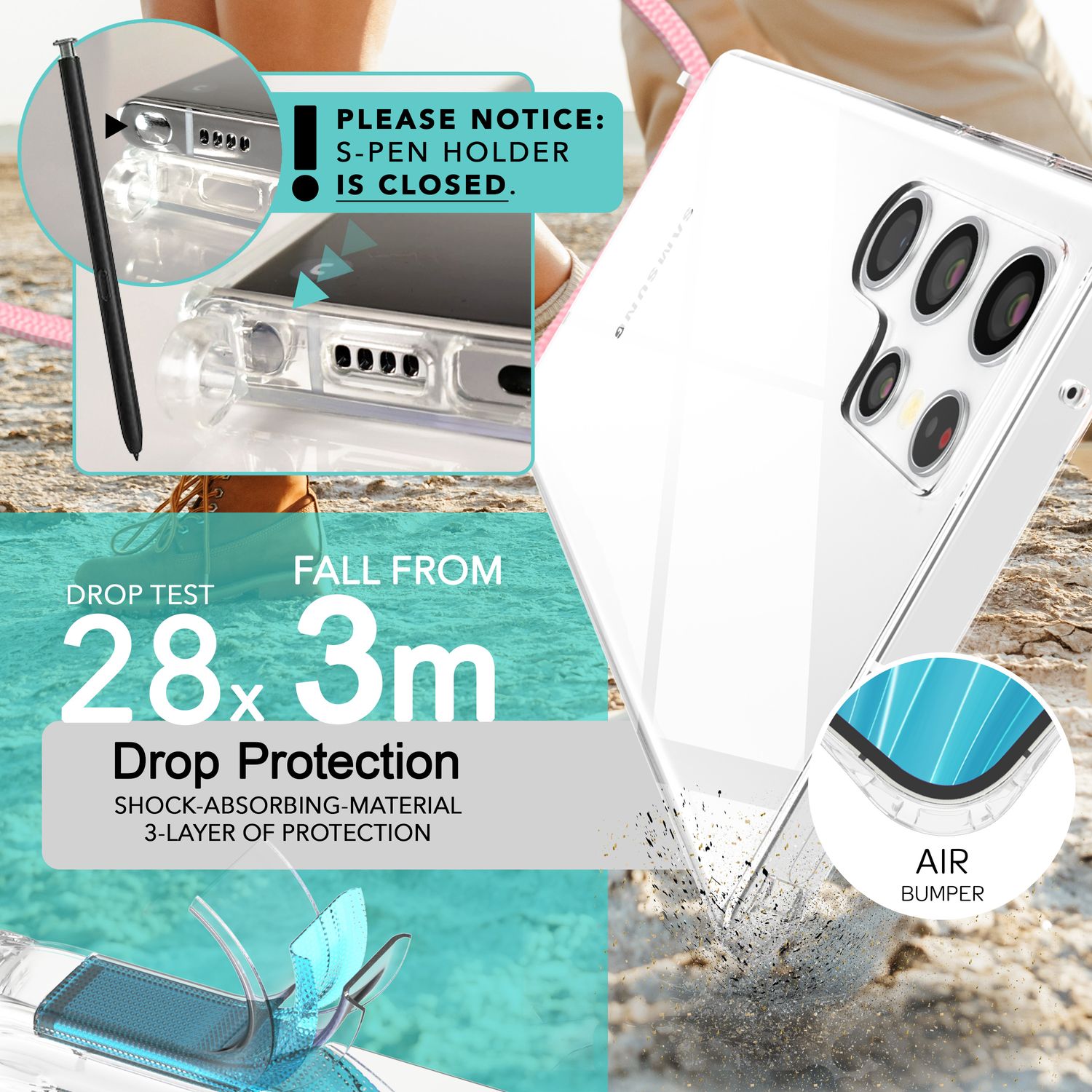 NALIA Klare Schutzhülle mit Kette für Samsung Galaxy S24 Ultra Hülle, Transparente Stabile Handyhülle mit Umhänge-Band Rosa NALIA Transparente Hülle