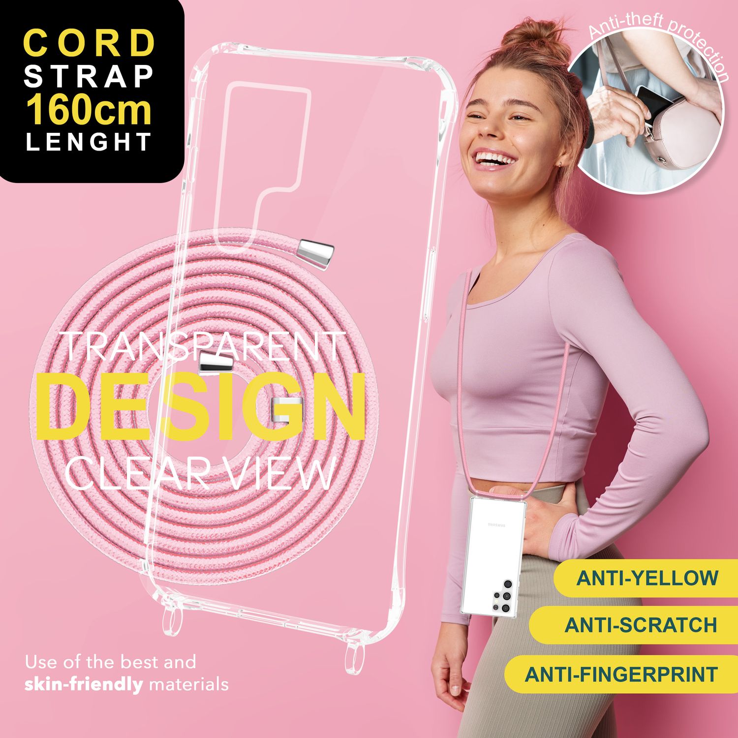 NALIA Klare Schutzhülle mit Kette für Samsung Galaxy S24 Ultra Hülle, Transparente Stabile Handyhülle mit Umhänge-Band Rosa NALIA Transparente Hülle