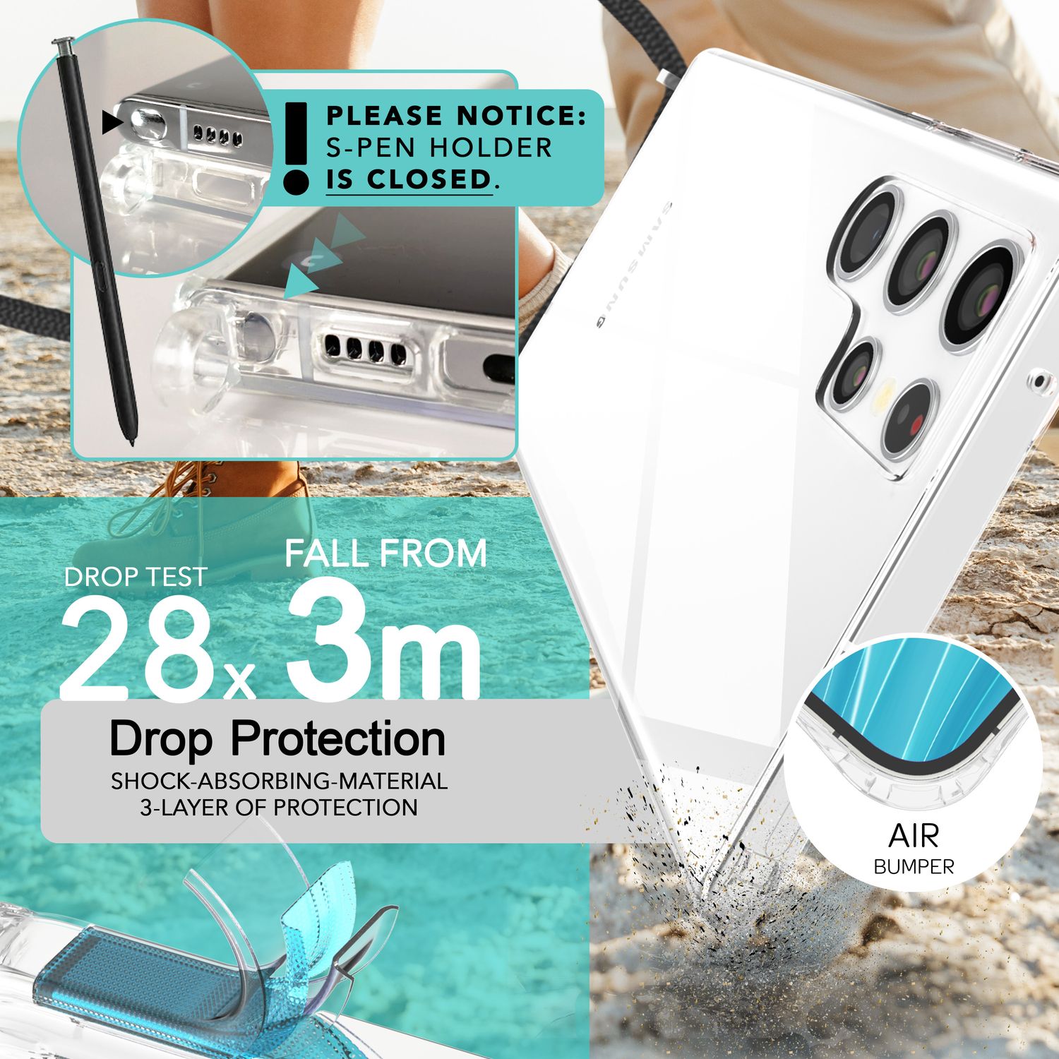 NALIA Klare Schutzhülle mit Kette für Samsung Galaxy S24 Ultra Hülle, Transparente Stabile Handyhülle mit Umhänge-Band Schwarz NALIA Transparente Hülle