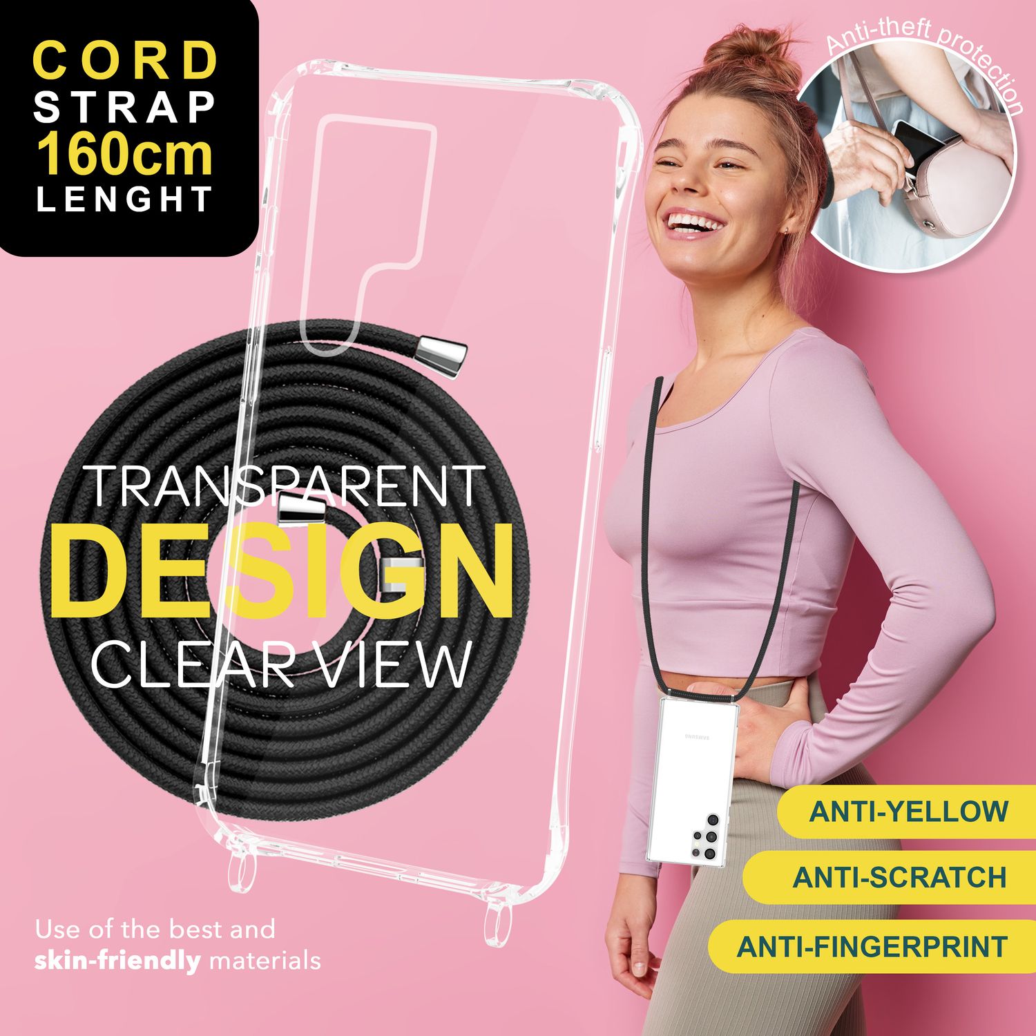 NALIA Klare Schutzhülle mit Kette für Samsung Galaxy S24 Ultra Hülle, Transparente Stabile Handyhülle mit Umhänge-Band Schwarz NALIA Transparente Hülle