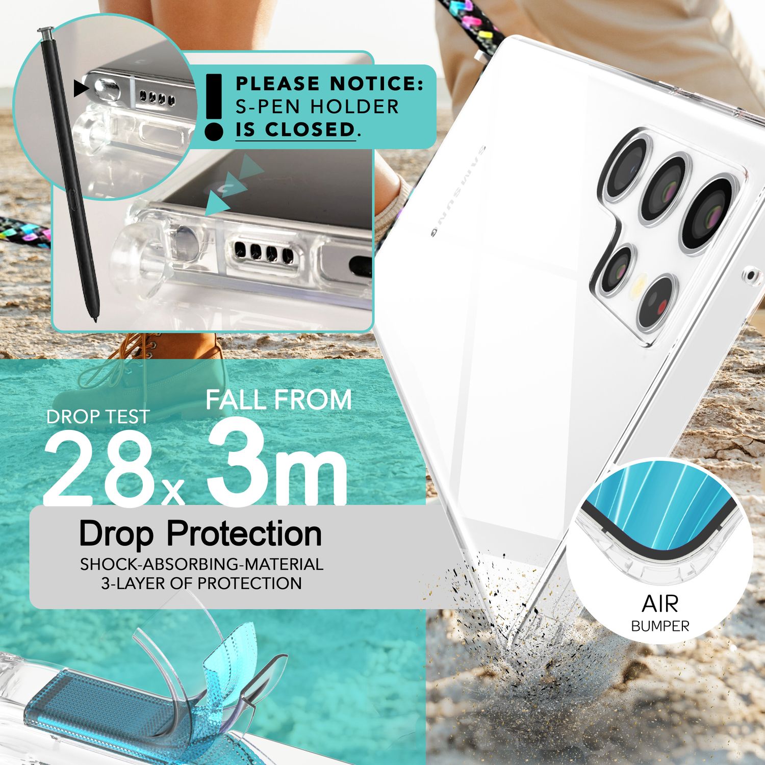 NALIA Klare Schutzhülle mit Kette für Samsung Galaxy S24 Ultra Hülle, Transparente Stabile Handyhülle mit Umhänge-Band Schwarz Bunt NALIA Transparente Hülle